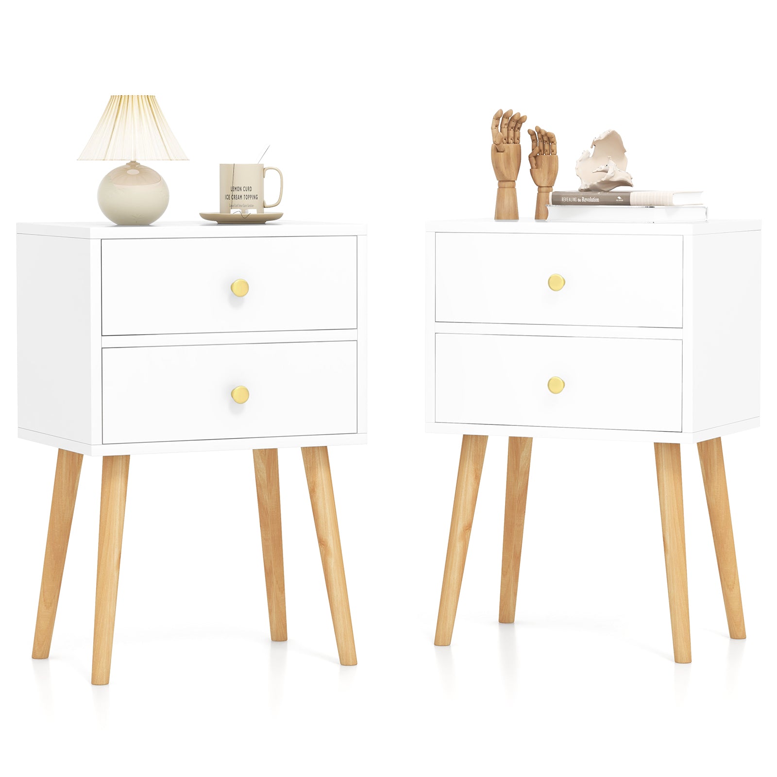 2-Drawer Nightstand with Solid Wood Legs for Bedroom-White