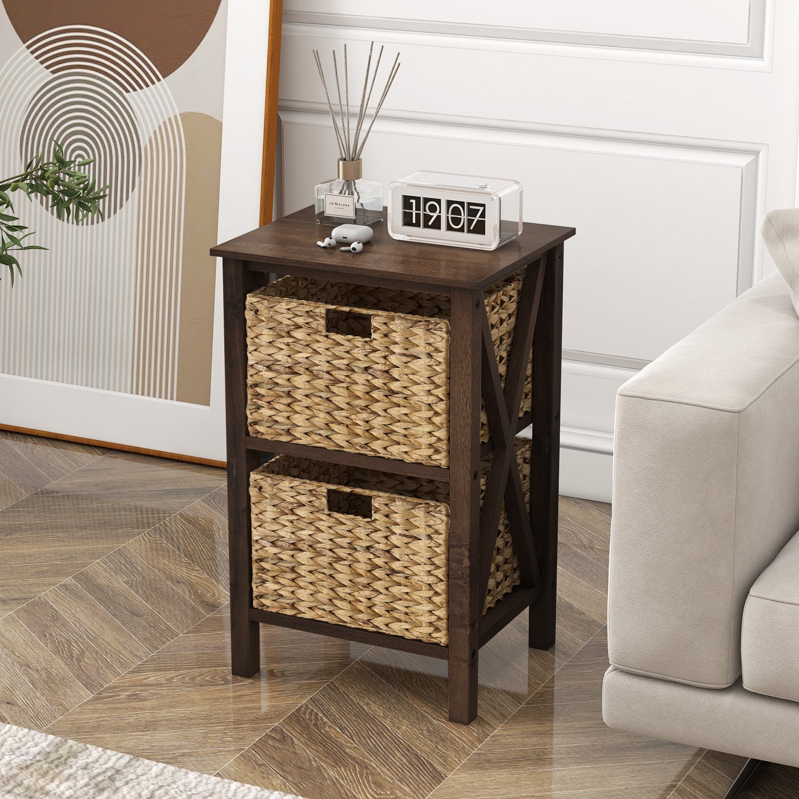 Set of 2 Nightstands Drawer Sofa Side Table with Seagrass Baskets-Walnut-2-Tier