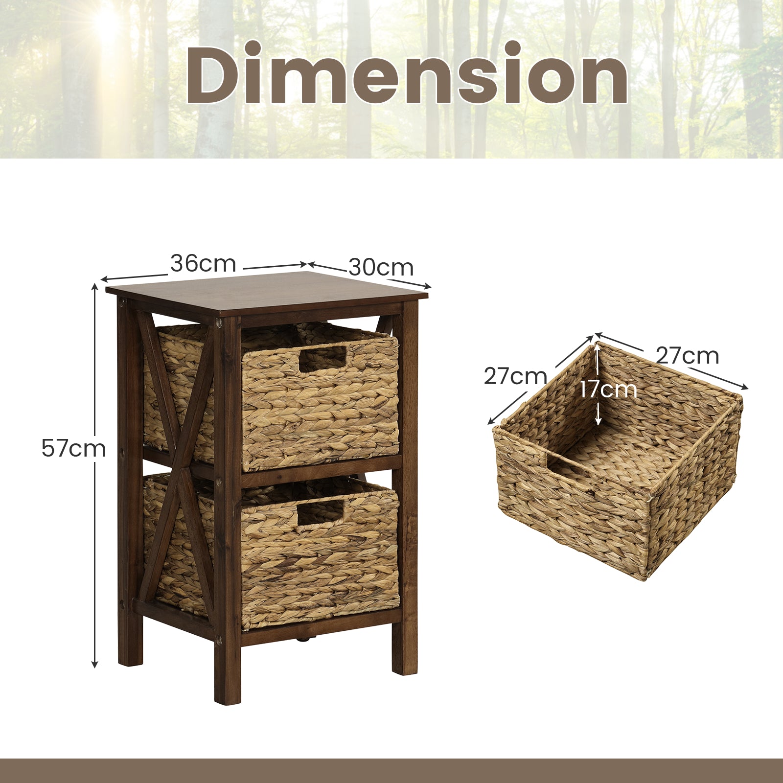 Set of 2 Nightstands Drawer Sofa Side Table with Seagrass Baskets-Walnut-2-Tier