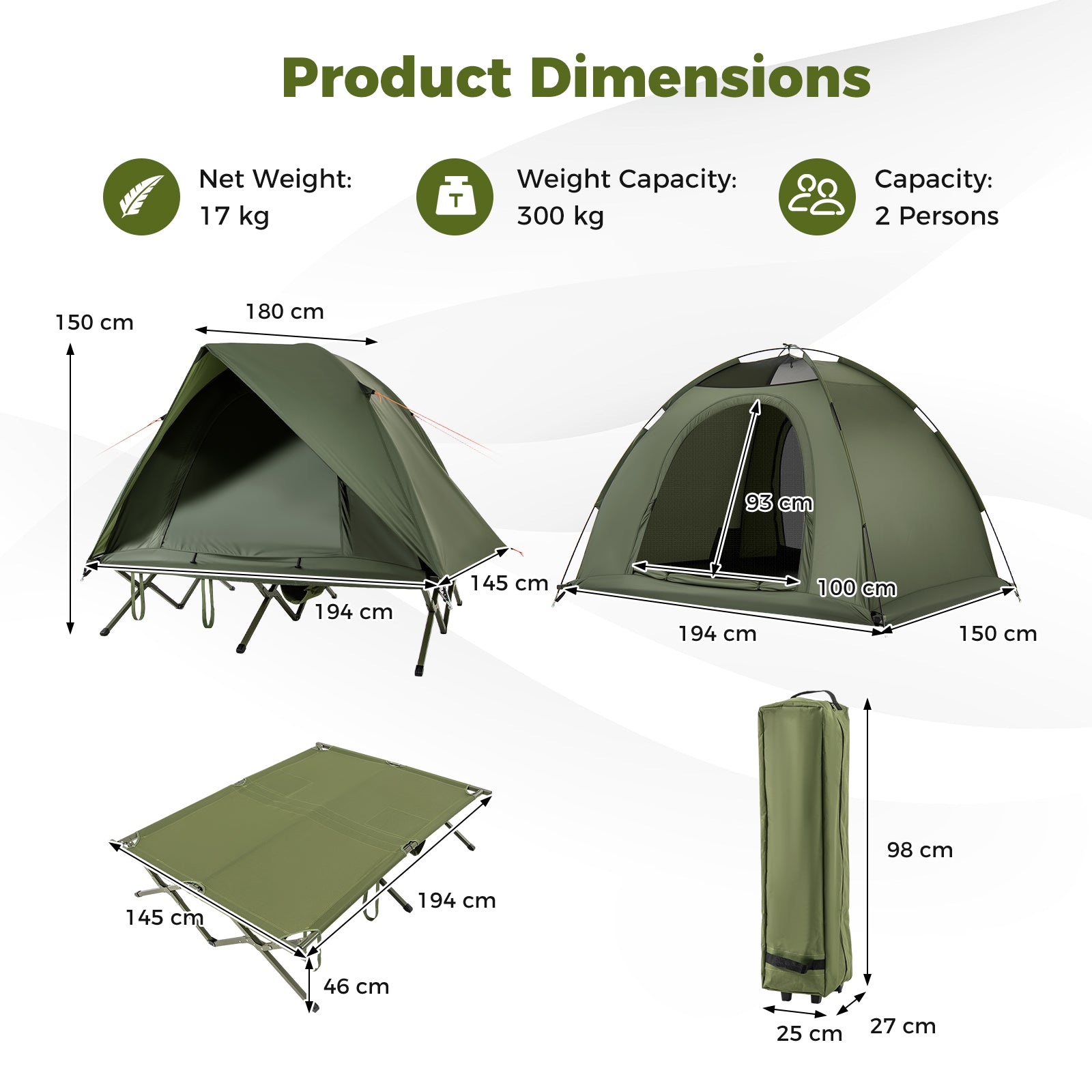 2-Person Camping Cot Tent Foldable Off-Ground Camping Combo for Adults-Green