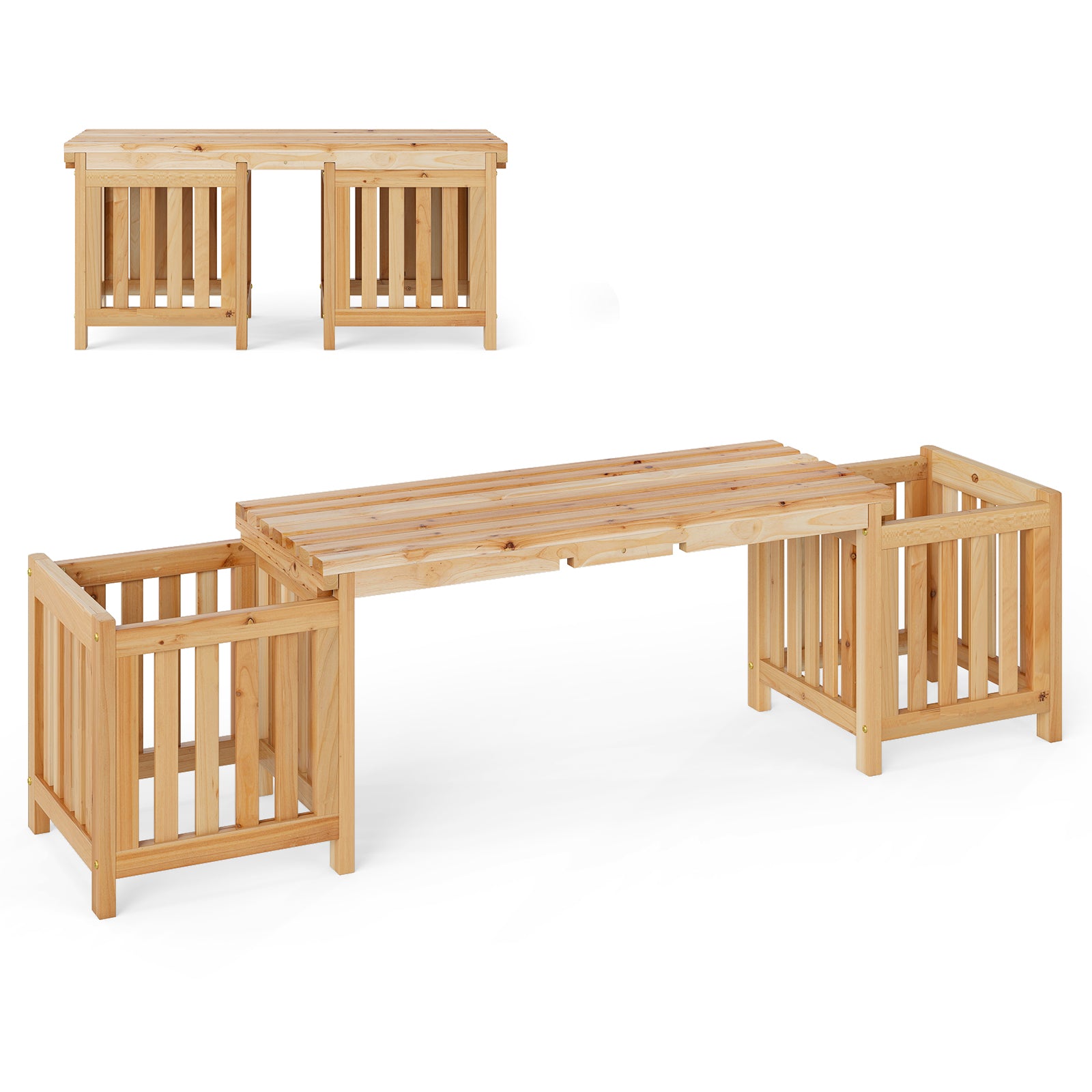 2 Person Patio Wooden Bench with Planter and 2 Side Flower Box-Natural