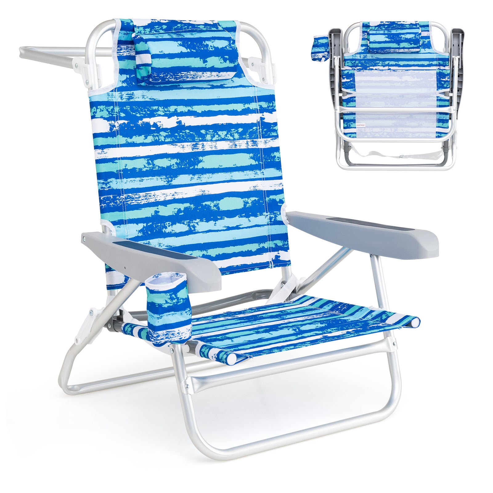 2 Pack Folding Beach Chair Lightweight Lay Flat Lounge Chair-Blue