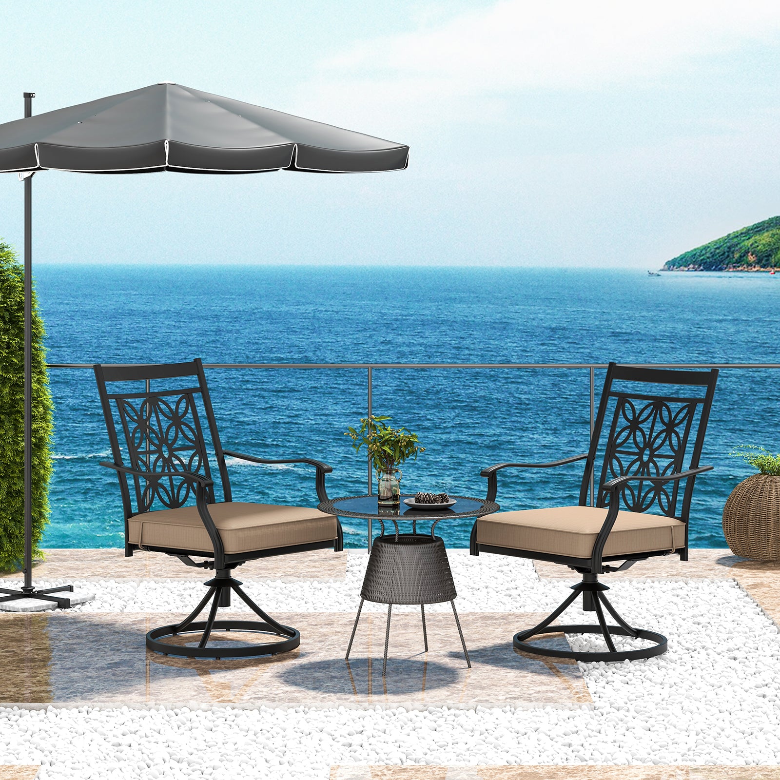 2 Pieces Outdoor Bistro Dining Chair Set Swivel Chairs with Blossom Pattern Backrest-Khaki