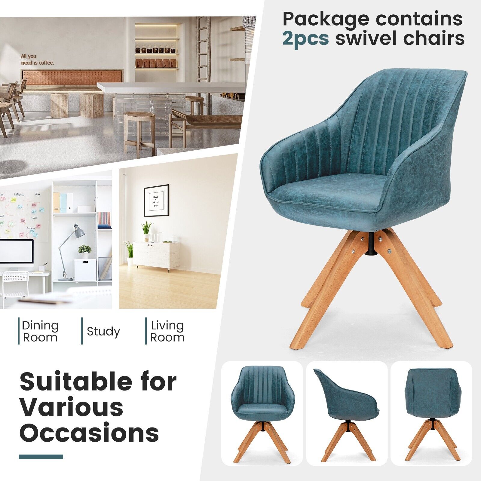 Set of 2 360¬∞ Swivel Accent Chair with Solid Wood Legs-Blue