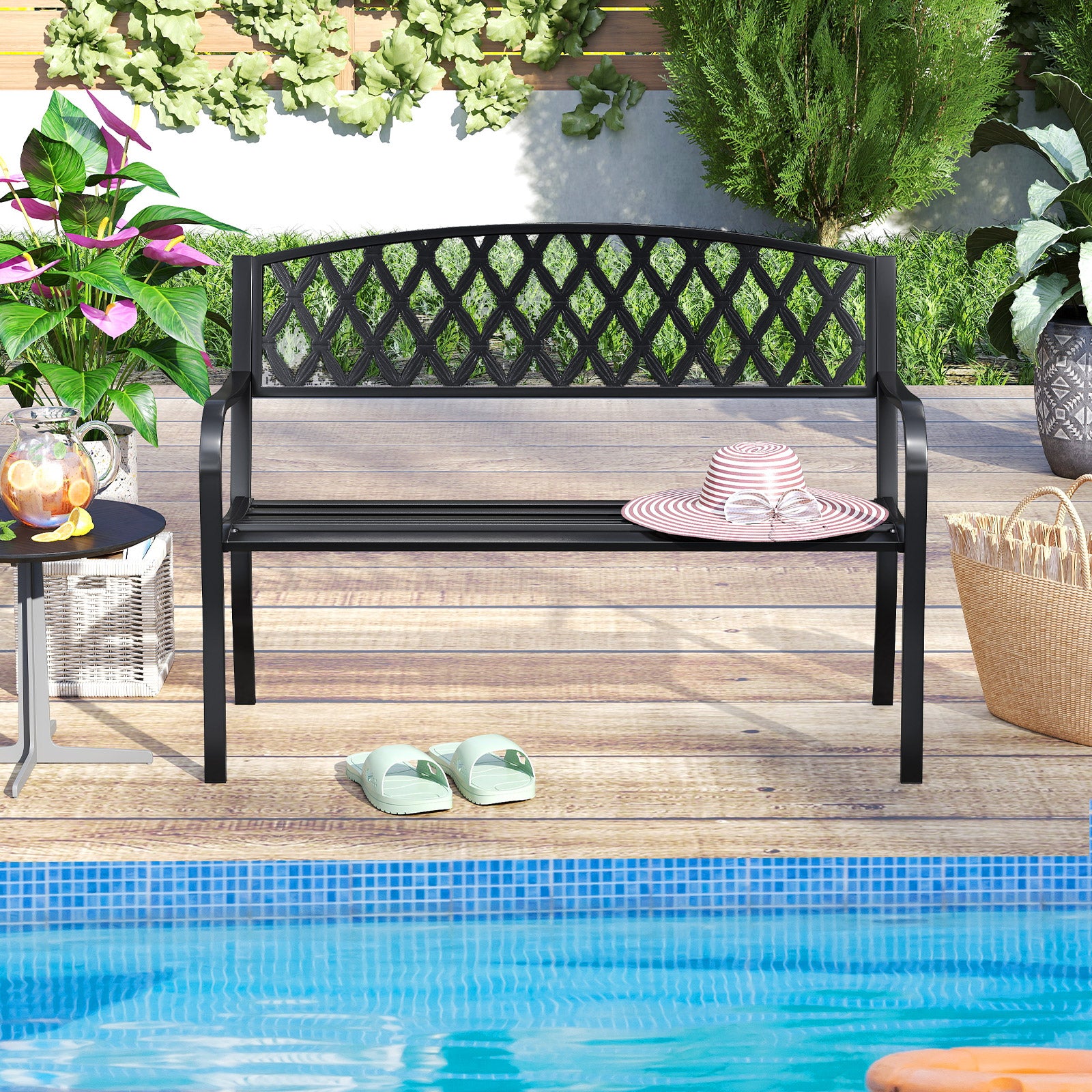 2-Seater Heavy-Duty Metal Garden Bench with Curved Seat and Armrests-Black