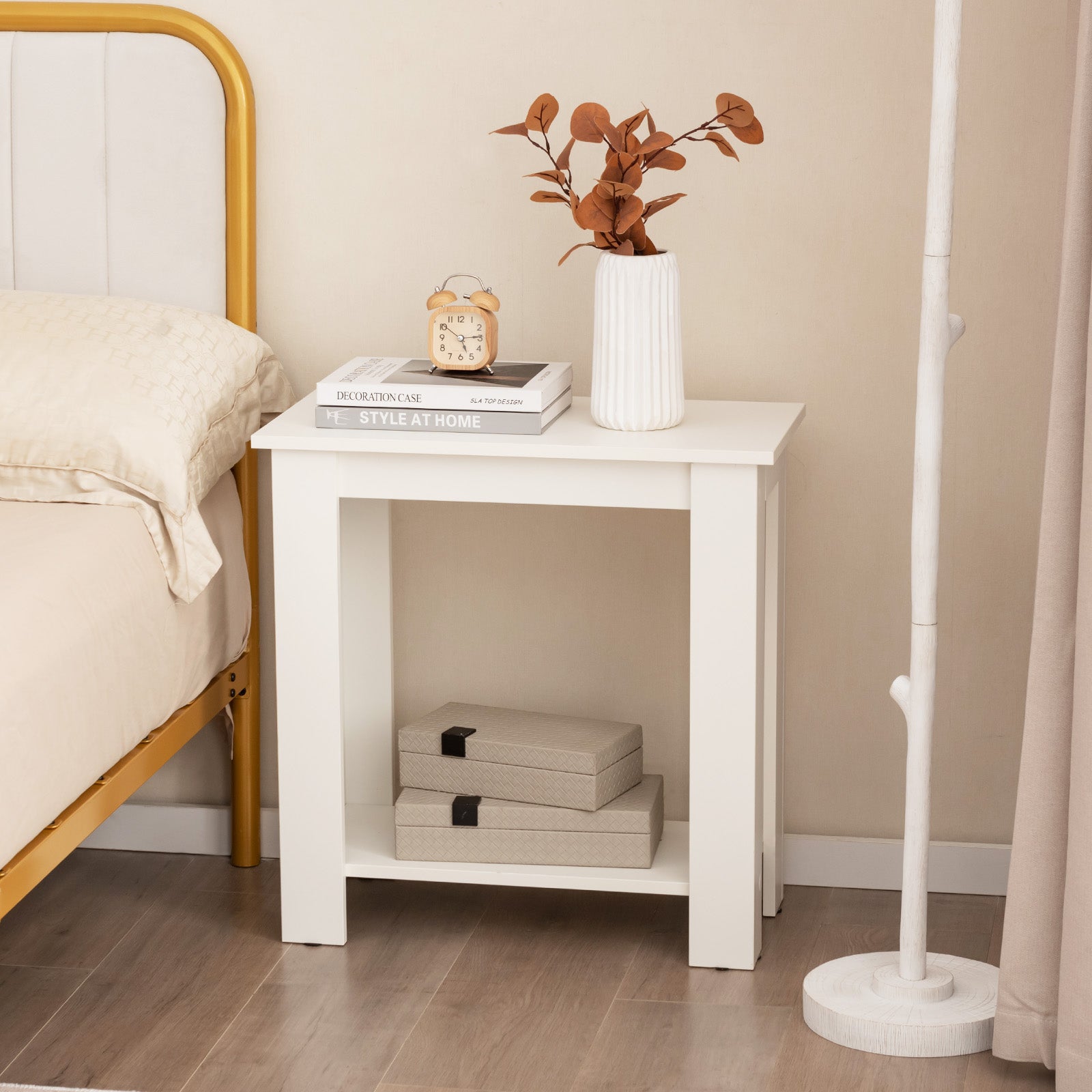2-Tier End Table with Storage Shelf for Small Spaces-White