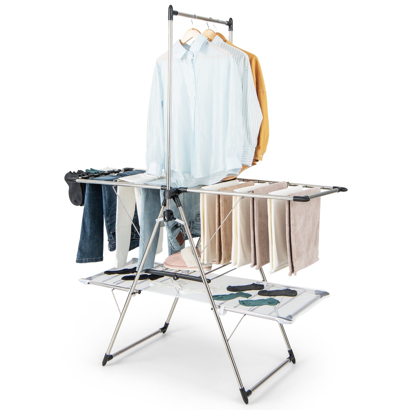 2-Tier Foldable Laundry Drying Rack with Tall Hanging Bar