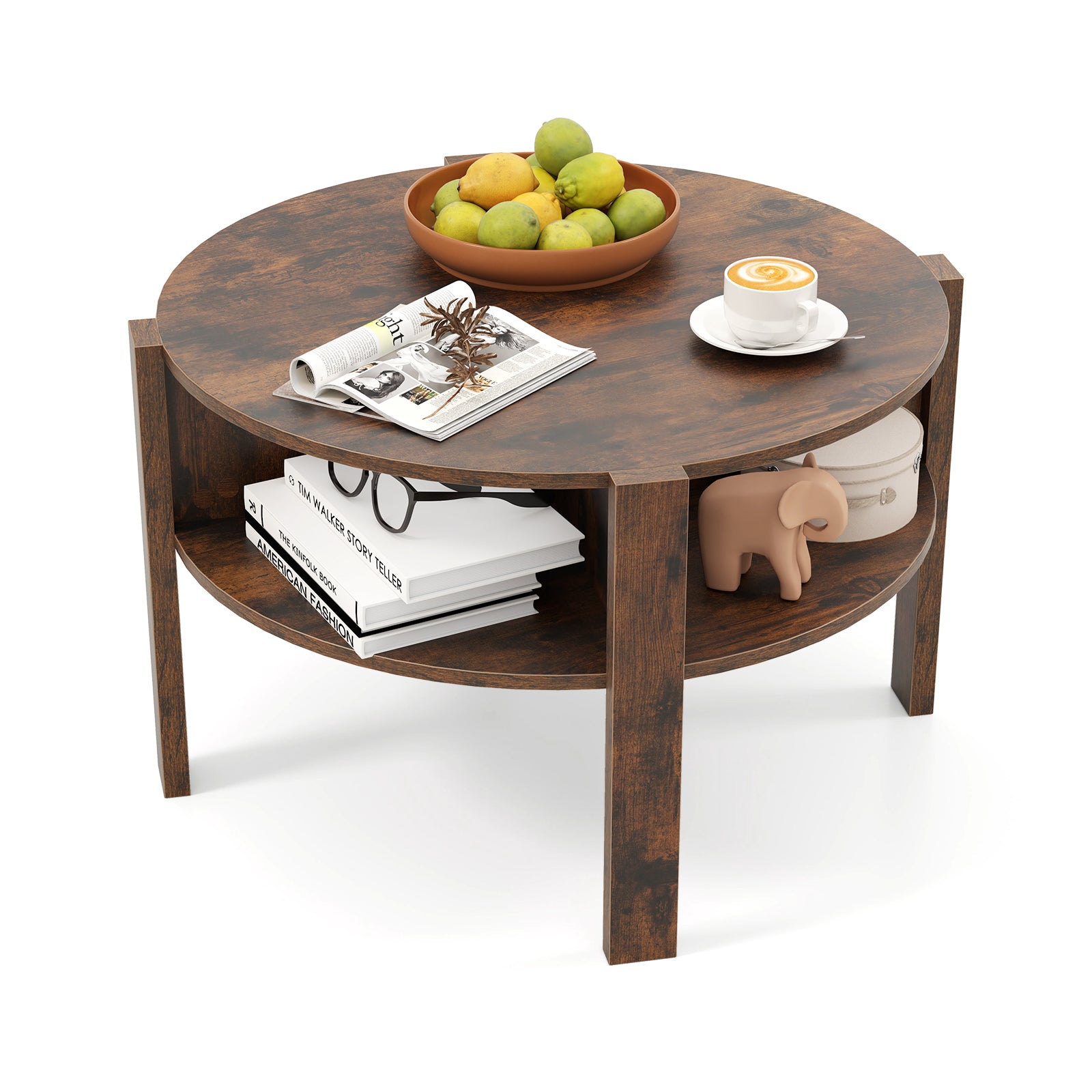 2-Tier Round Coffee Table with 4 Shelves-Rustic Brown