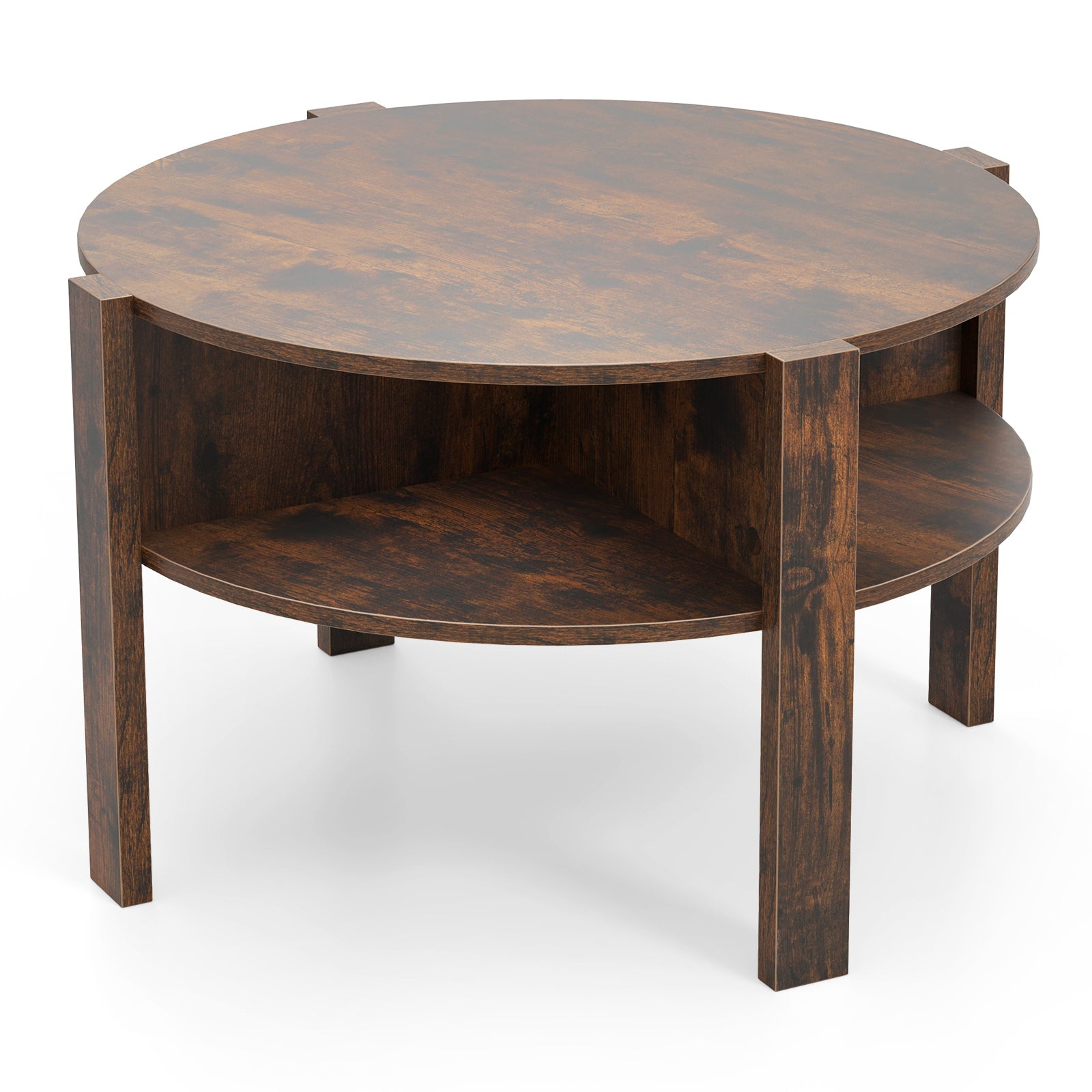 2-Tier Round Coffee Table with 4 Shelves-Rustic Brown