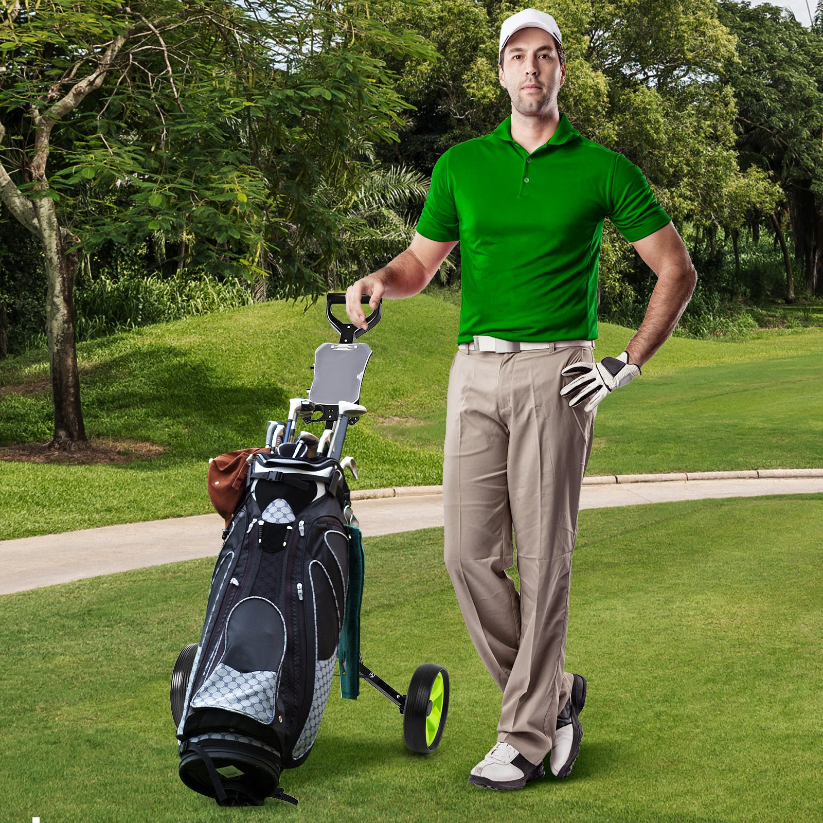 2 Wheels Foldable Golf Cart with Scoreboard-Green