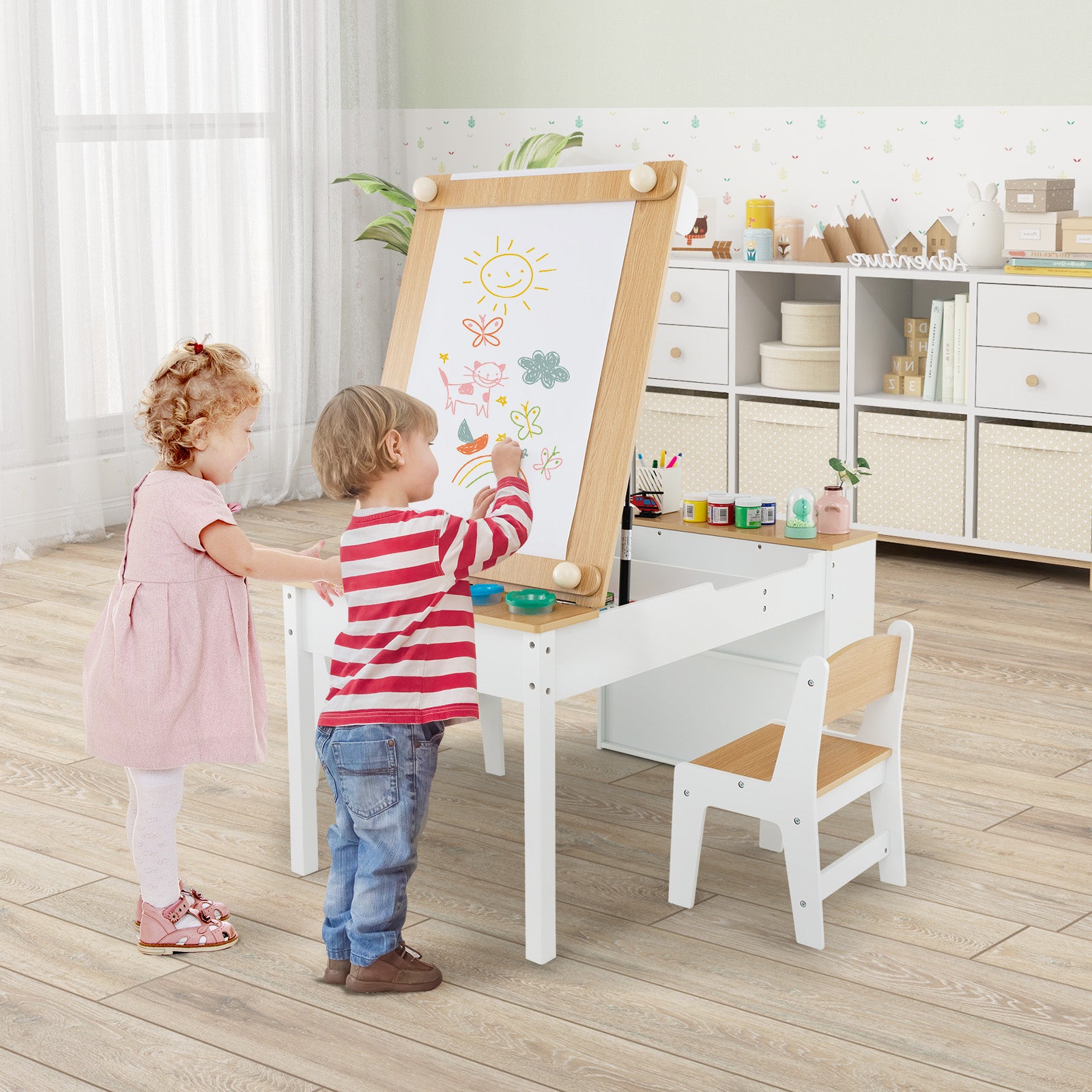 2-in-1 Kids Art Table and Art Easel Set with Chairs-Natural