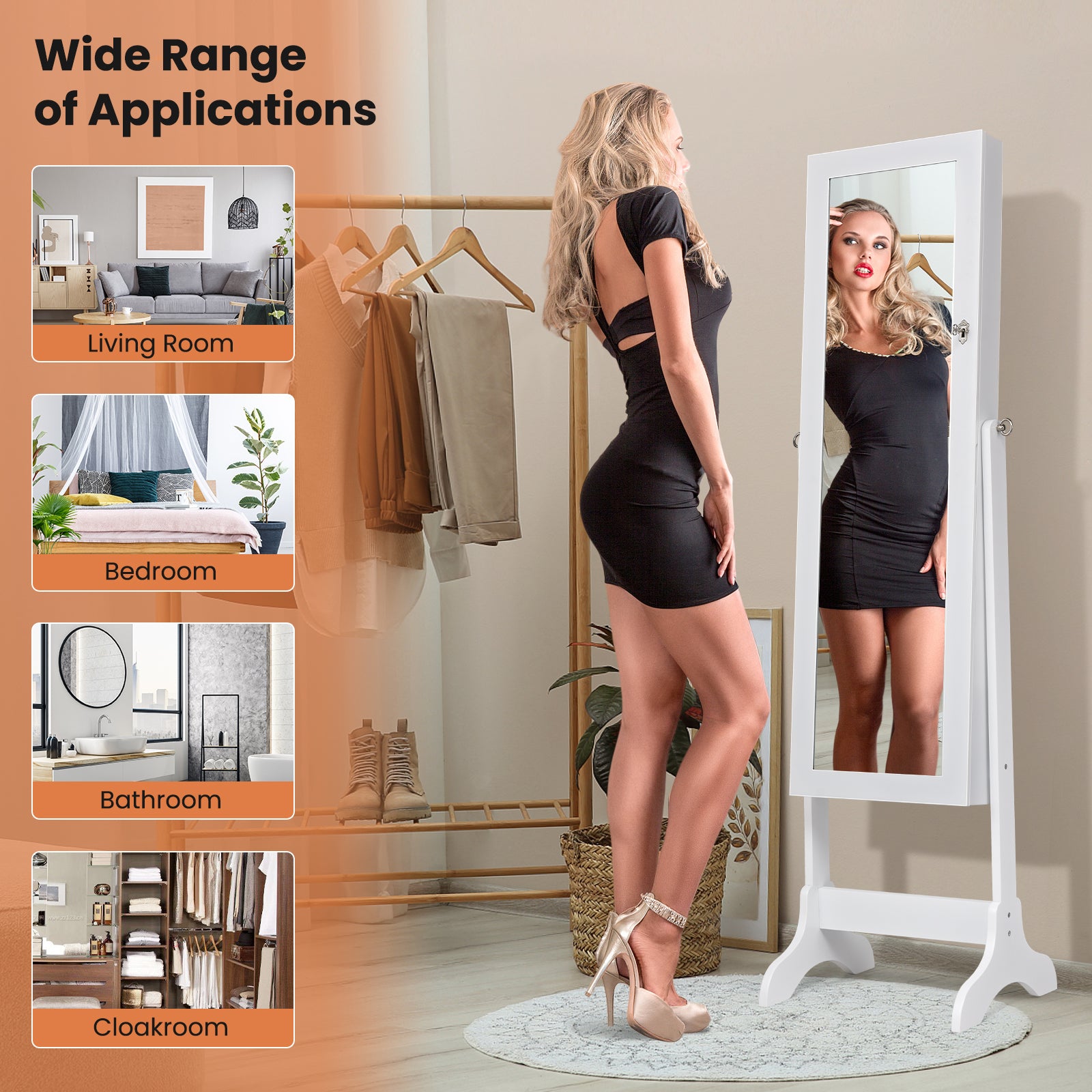 Freestanding Jewelry Cabinet with Full-Length Mirror and Drawers-White