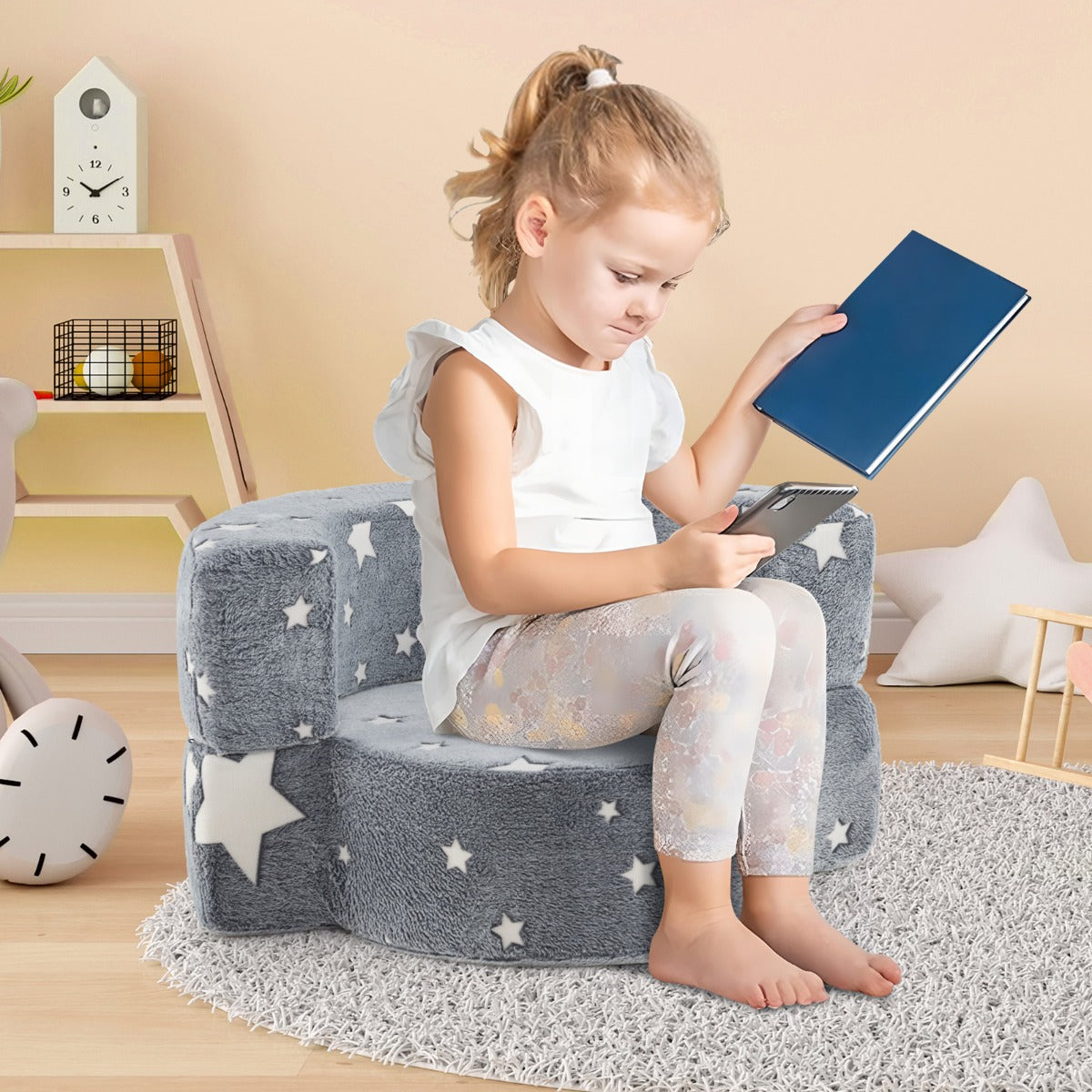2 in 1 Glow in the Dark Sofa for Toddlers with Machine Washable Flannel Cover-Grey