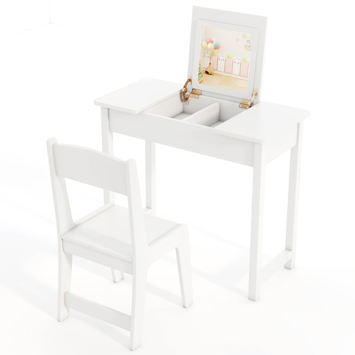 2 in 1 Kids Vanity Table and Chair Set with Flip Top Mirror Hidden Storage-White