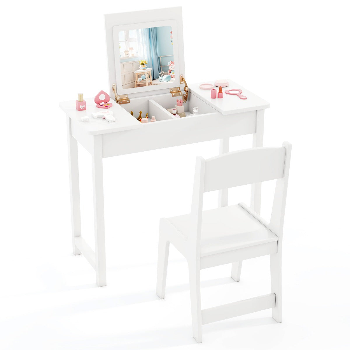 2 in 1 Kids Vanity Table and Chair Set with Flip Top Mirror Hidden Storage-White