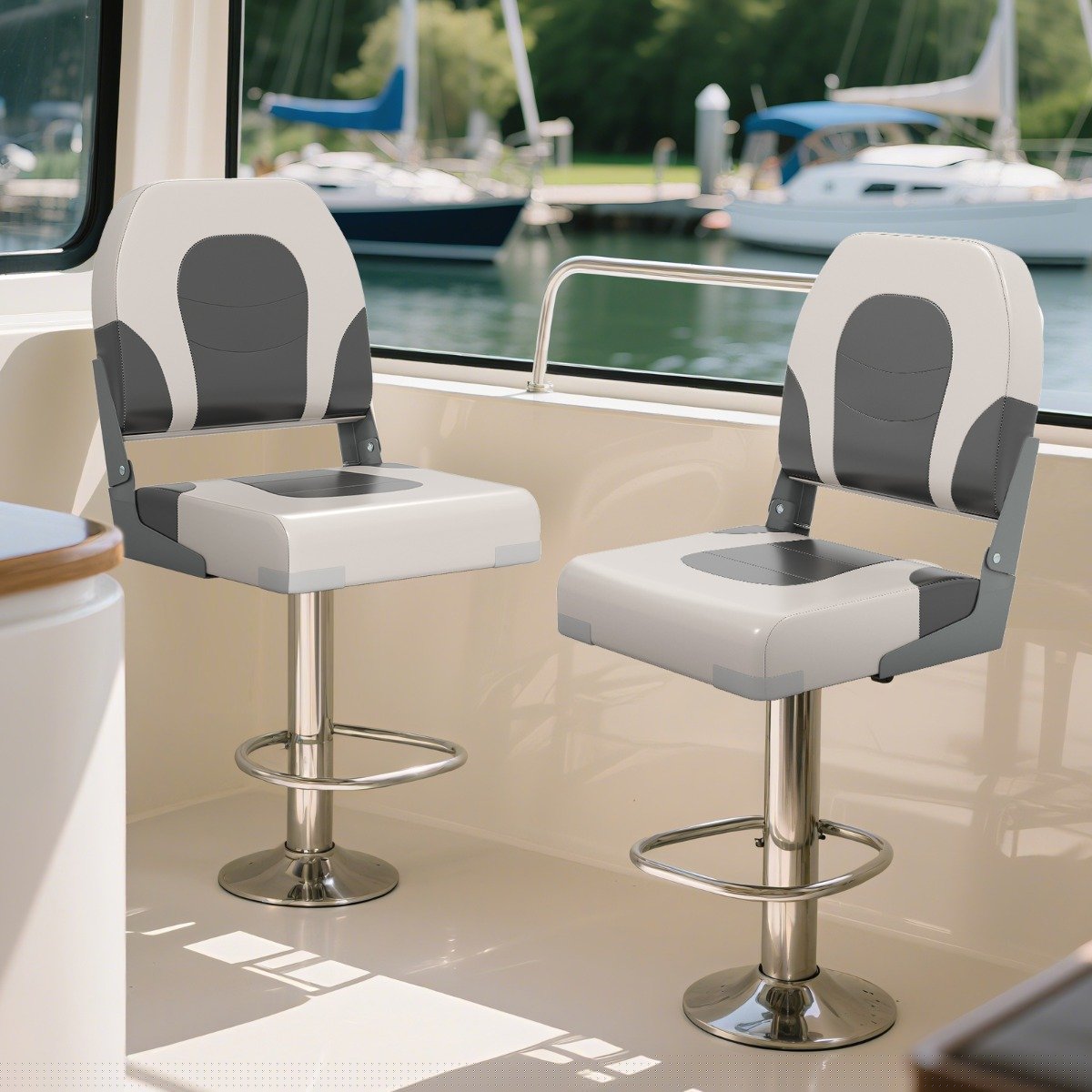 Upholstered Folding Captain Boat Chair with Padded Seat and Back-Grey