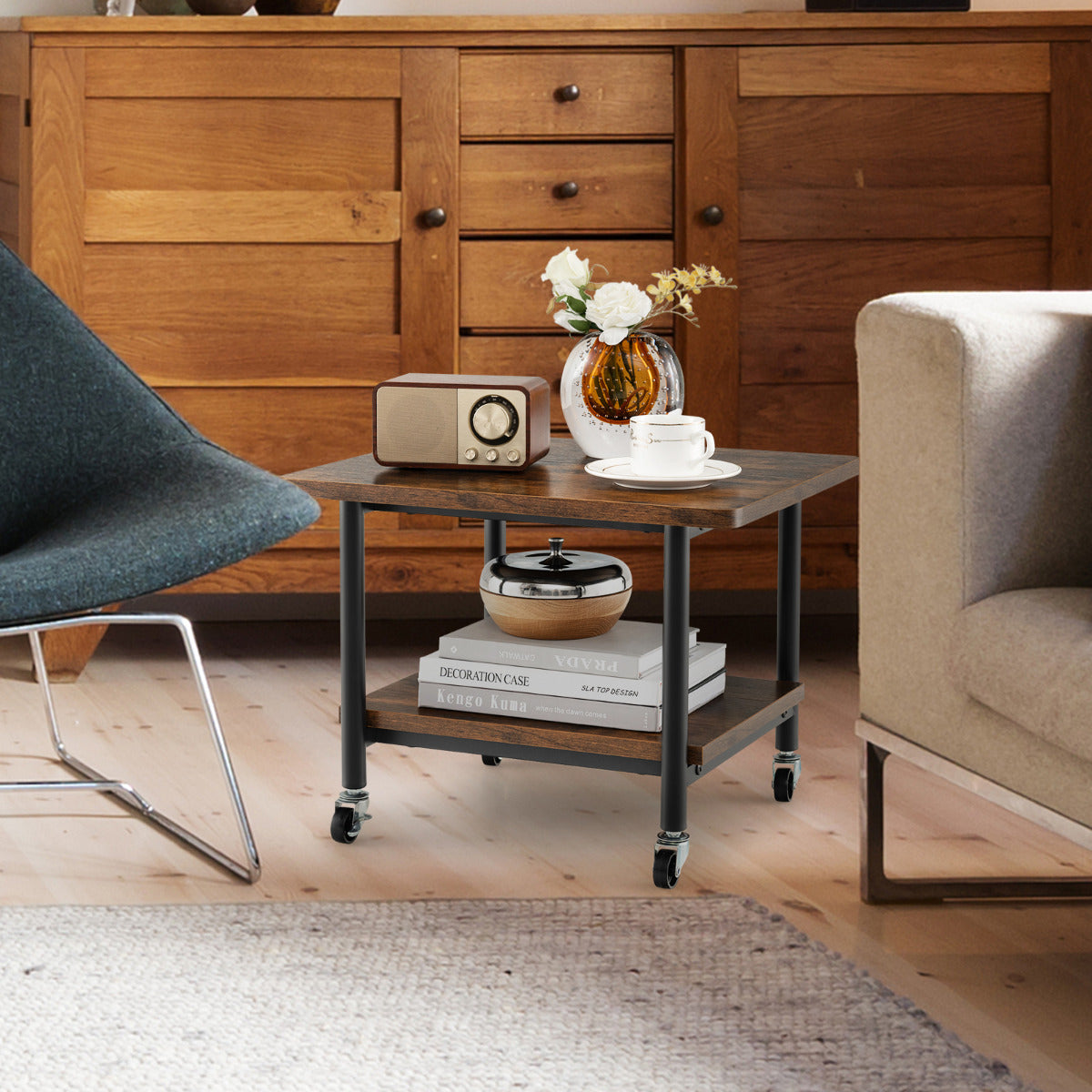 2 Tier Wooden Printer Stand with 360¬∞ Swivel Casters-Brown