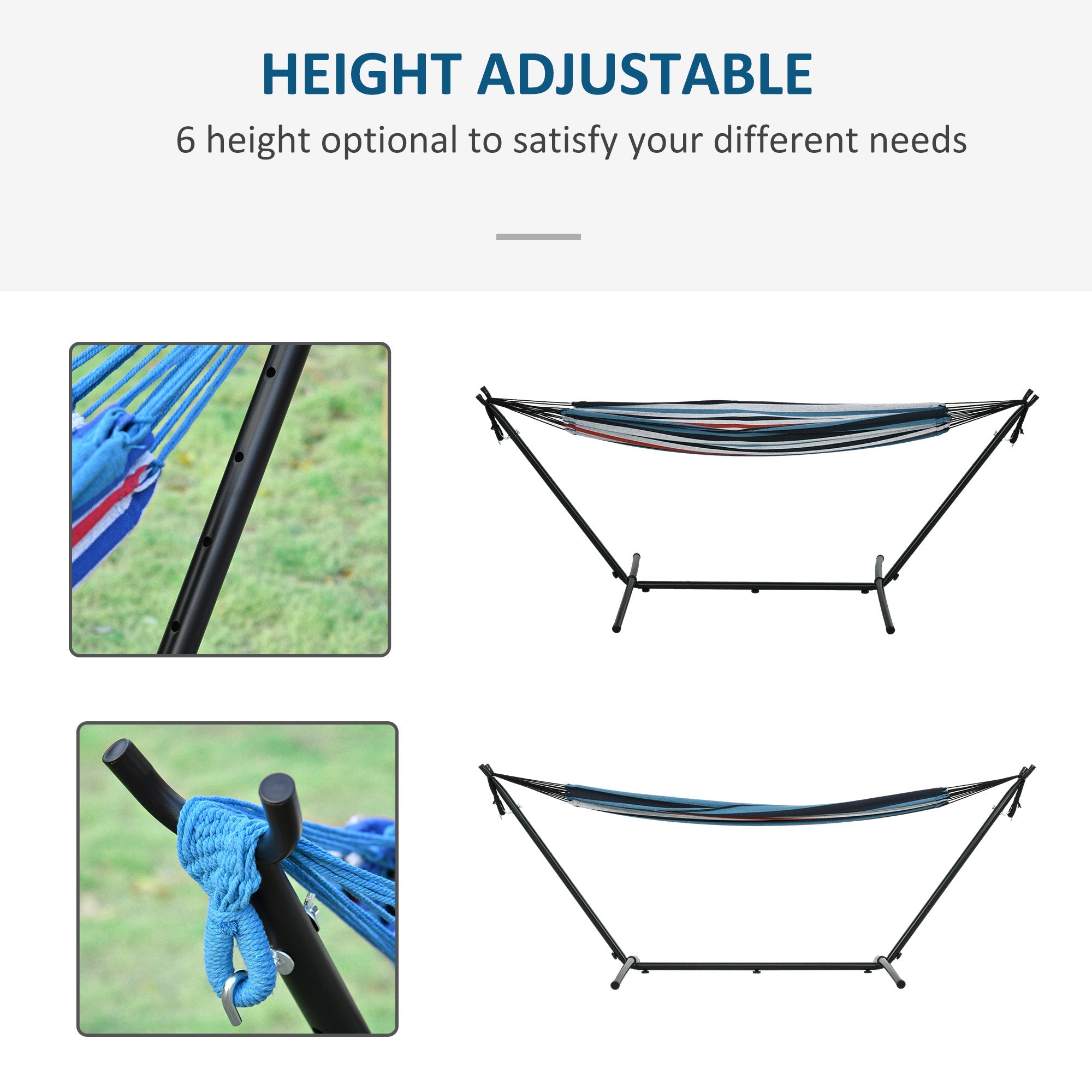 Outsunny 298 x 117cm Hammock with Stand Camping Hammock with Portable Carrying Bag, Adjustable Height, 120kg Load Capacity, White Stripe