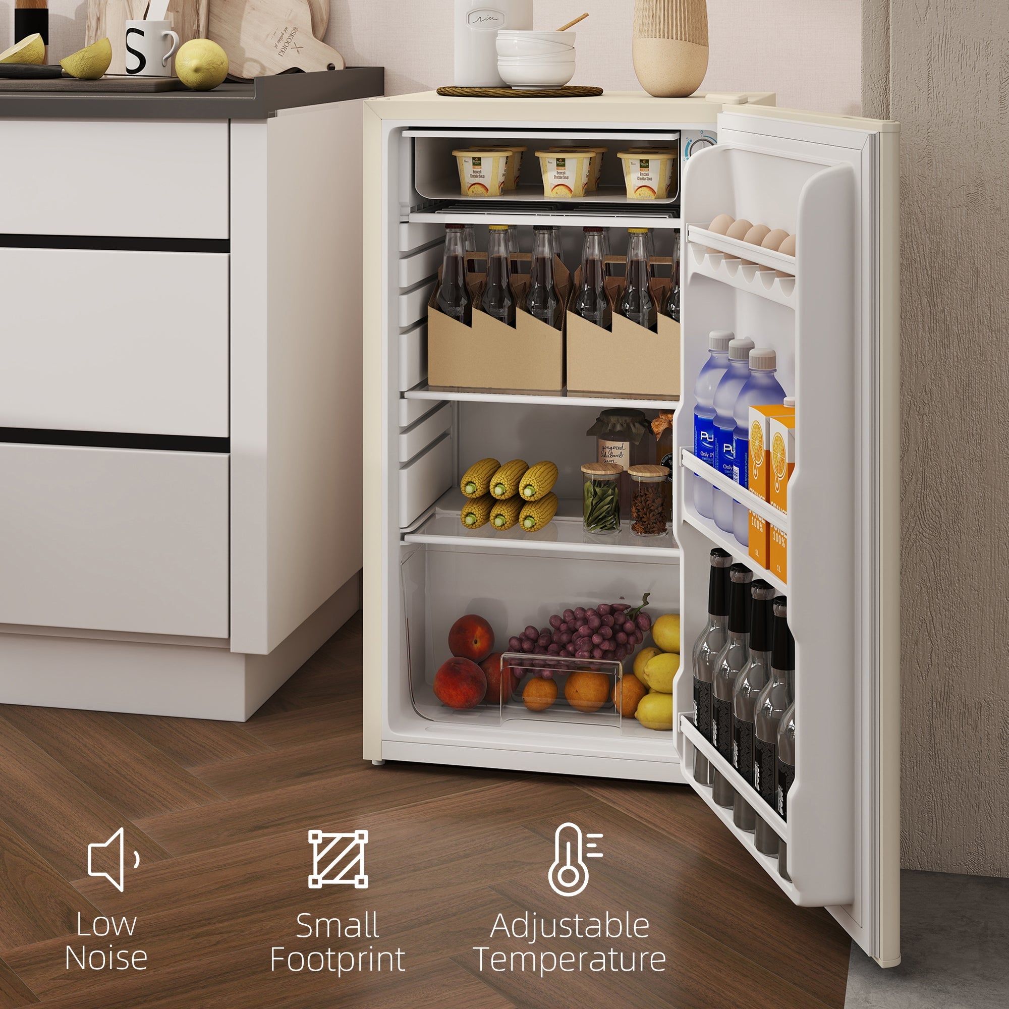HOMCOM 91 Litre Freestanding Under Counter Fridge Freezer, Small Fridge with Chiller Box, Adjustable Thermostat, 47.5cm Wide, Beige