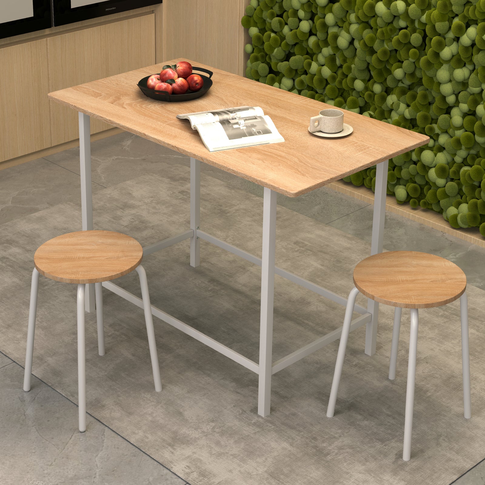 3-Piece Dining Set with 2 Round Chairs and Adjustable Foot Pads-Natural