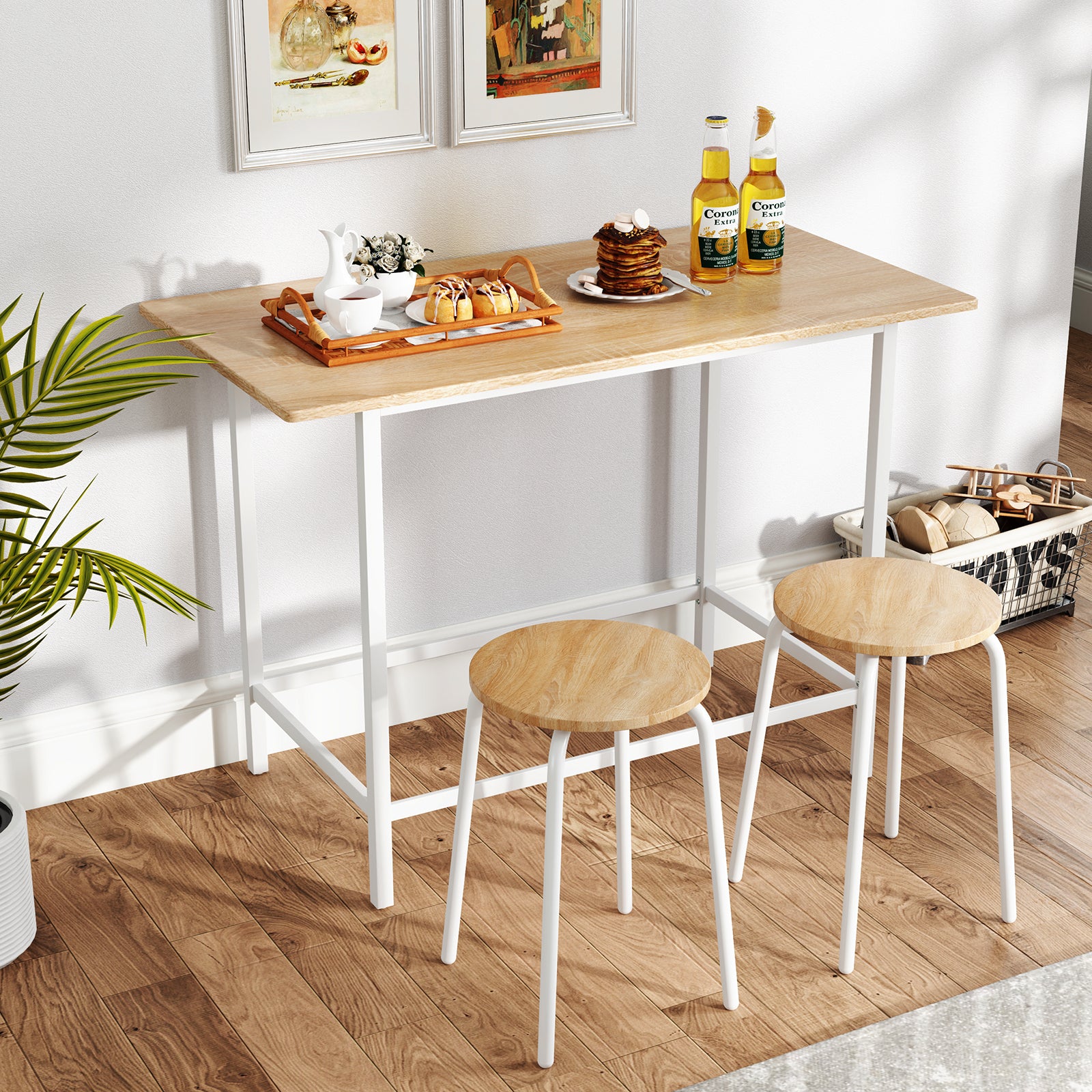 3-Piece Dining Set with 2 Round Chairs and Adjustable Foot Pads-Natural