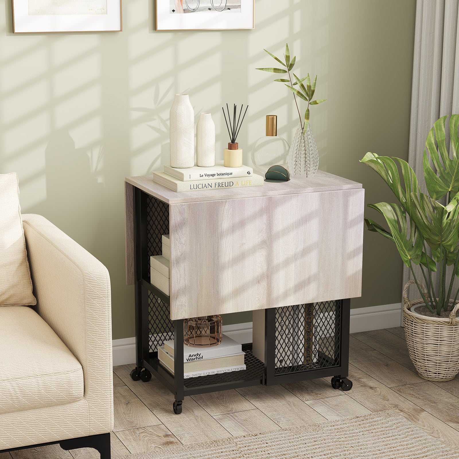 3-Piece Foldable Dining Table Set with Lockable Wheels for Small Place-Grey