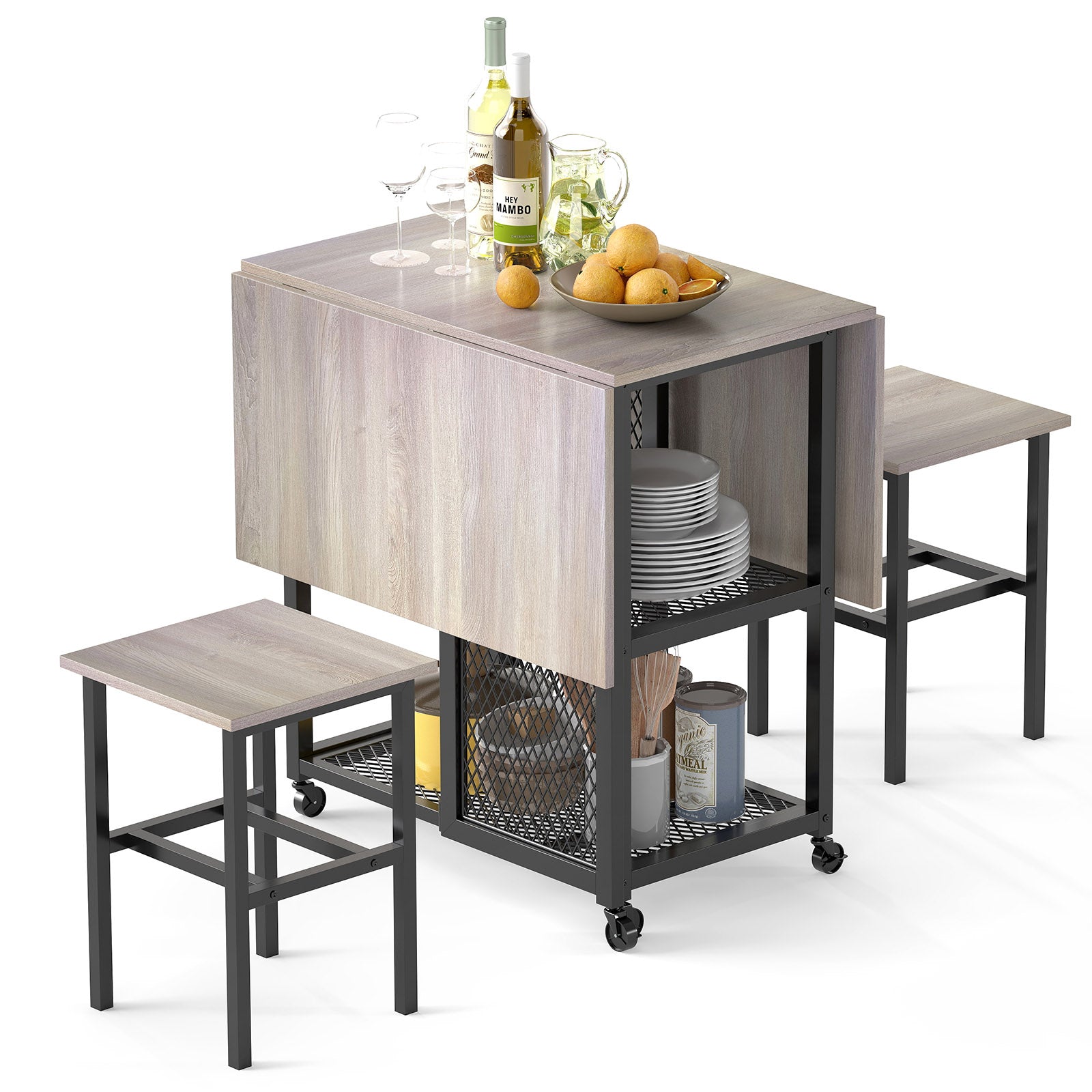 3-Piece Foldable Dining Table Set with Lockable Wheels for Small Place-Grey