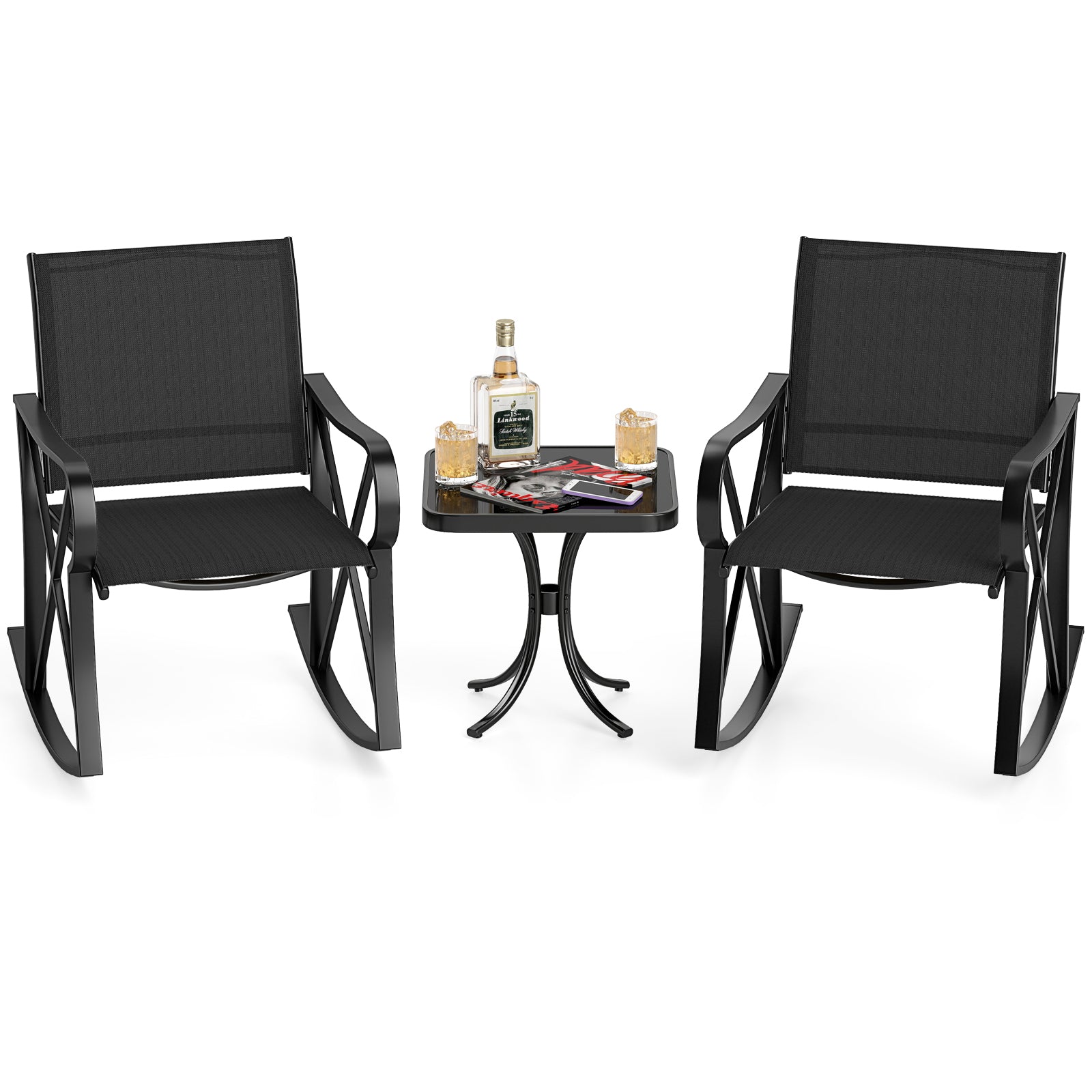3-Piece Patio Rocking Bistro Rocker Chairs Set with Glass-Top Side Table-Black