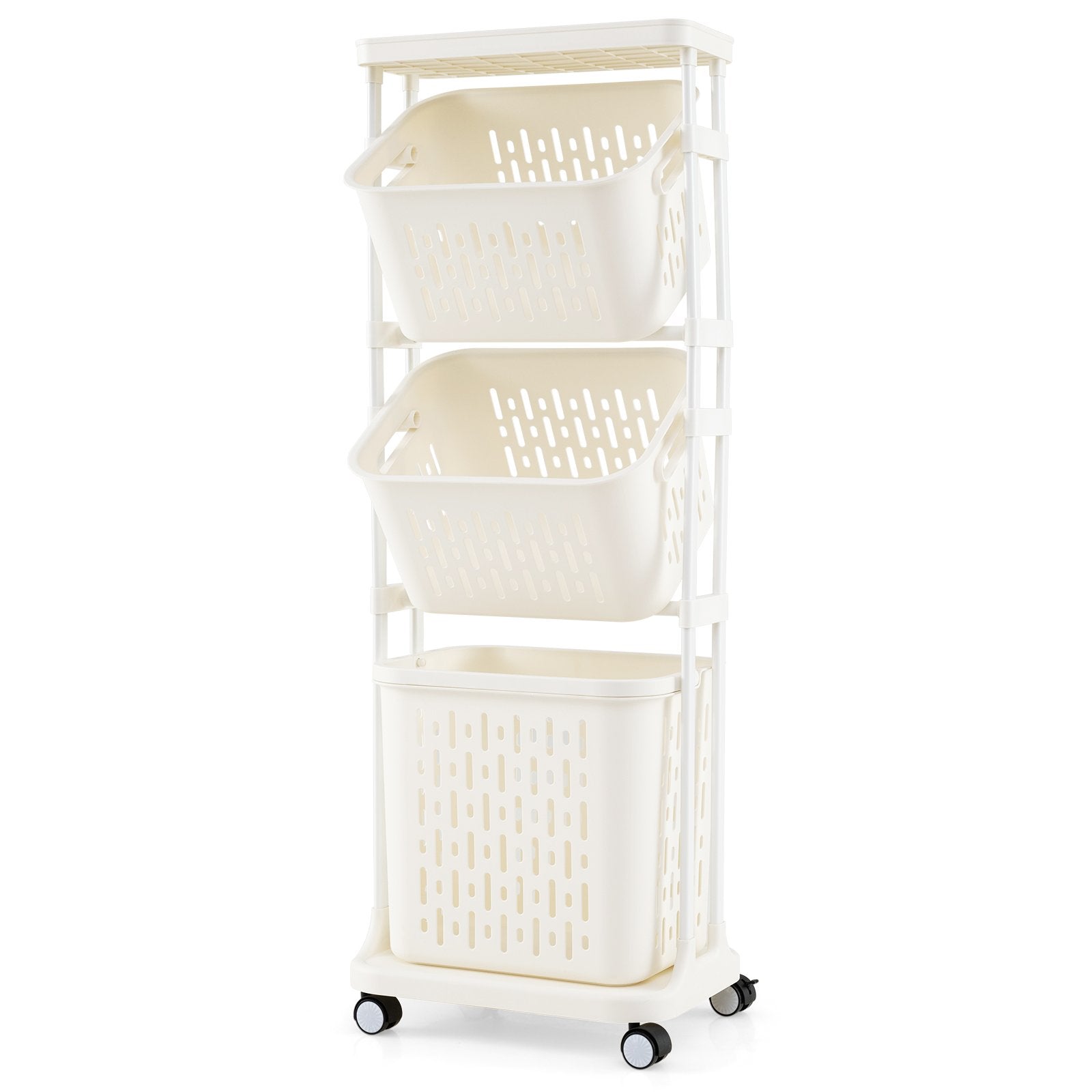 3-Tier Laundry Hamper Cart with 4 Rolling Wheels-White