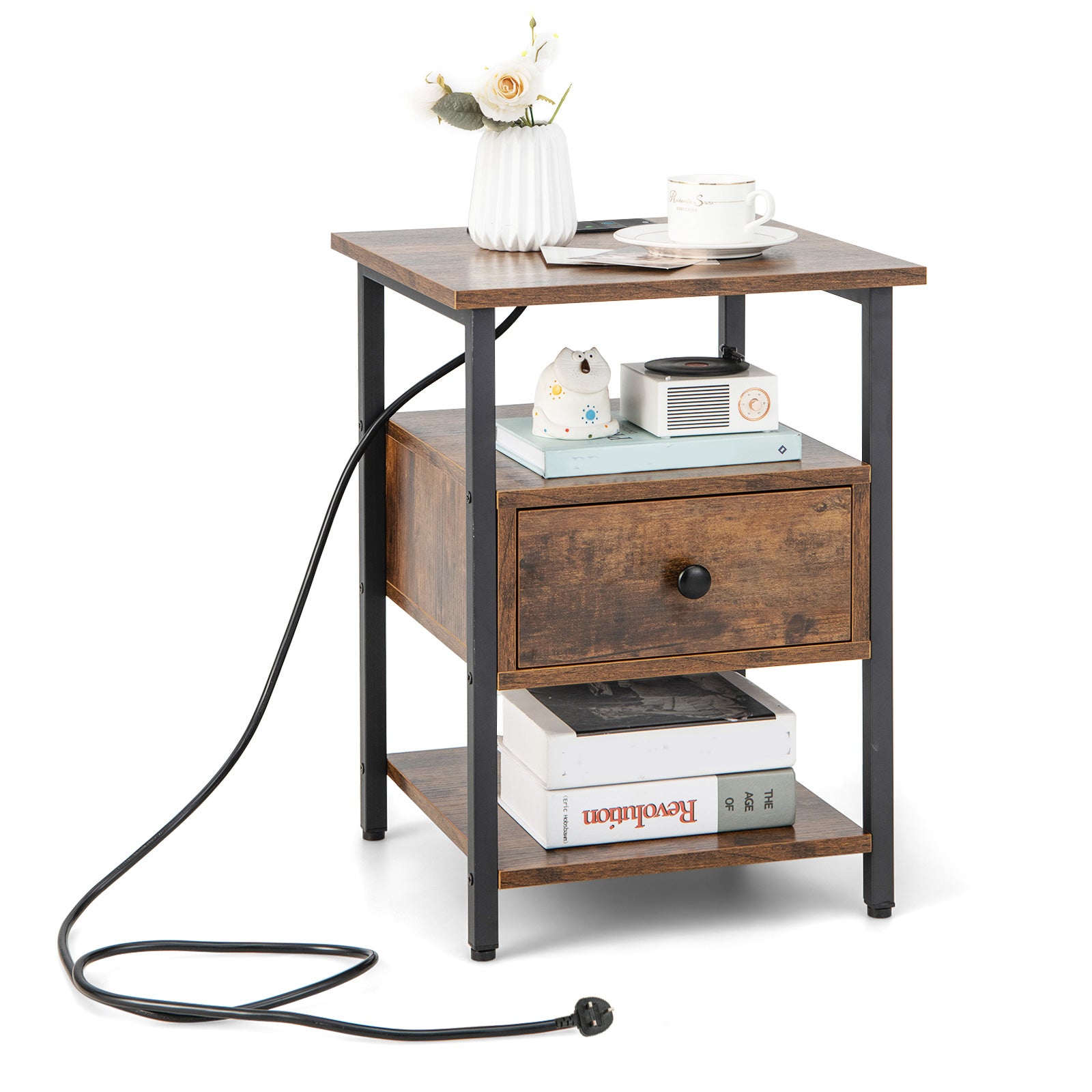 3-Tier Nightstand with Charging Station Open Shelves and Drawer-Brown