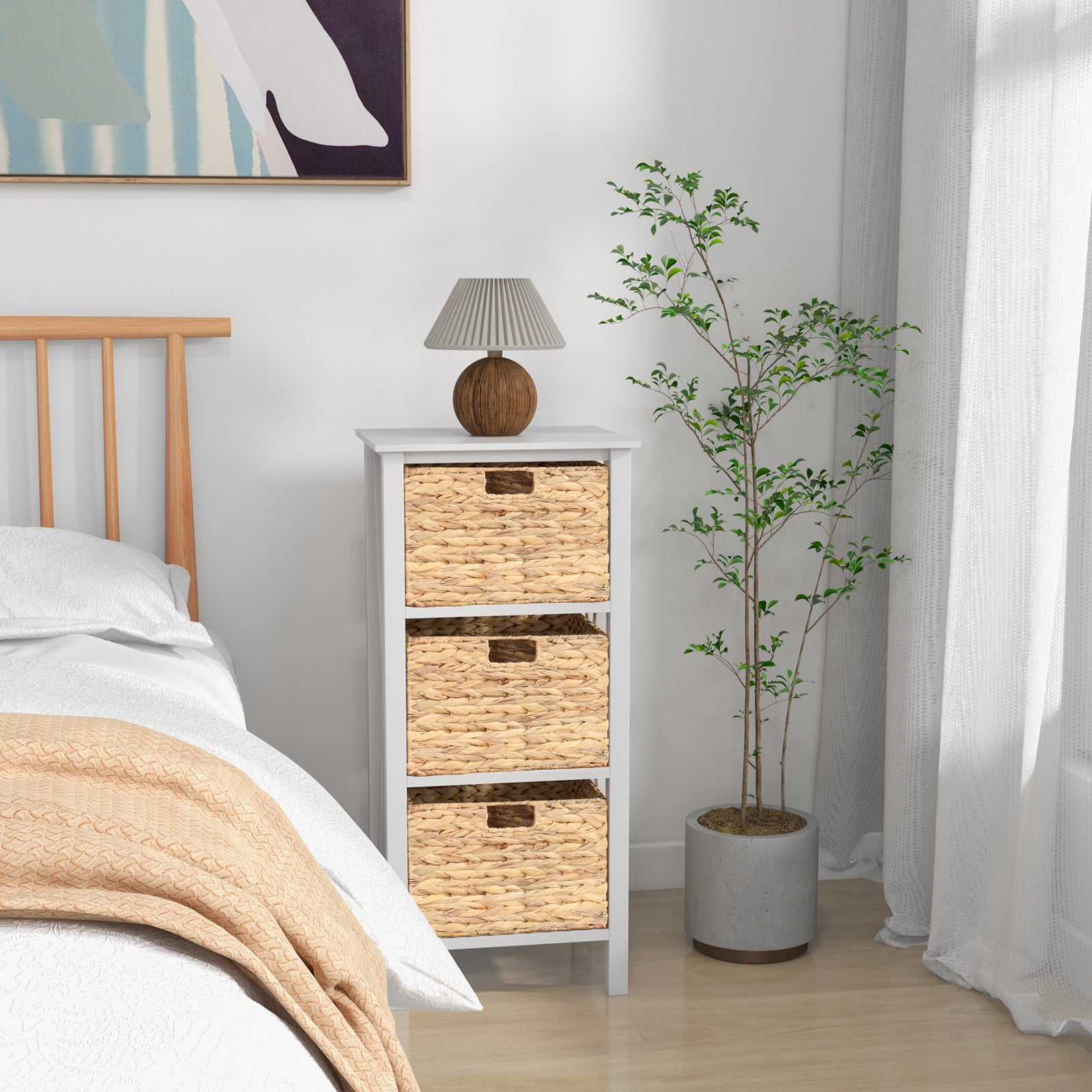 Sofa Side Table with Seagrass Baskets and Rubber Wood X-Shaped Frames and Acacia Wood Legs-White-3-Tier