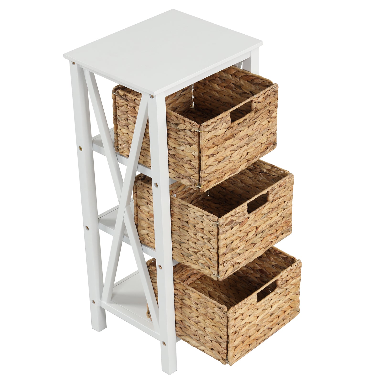 Sofa Side Table with Seagrass Baskets and Rubber Wood X-Shaped Frames and Acacia Wood Legs-White-3-Tier