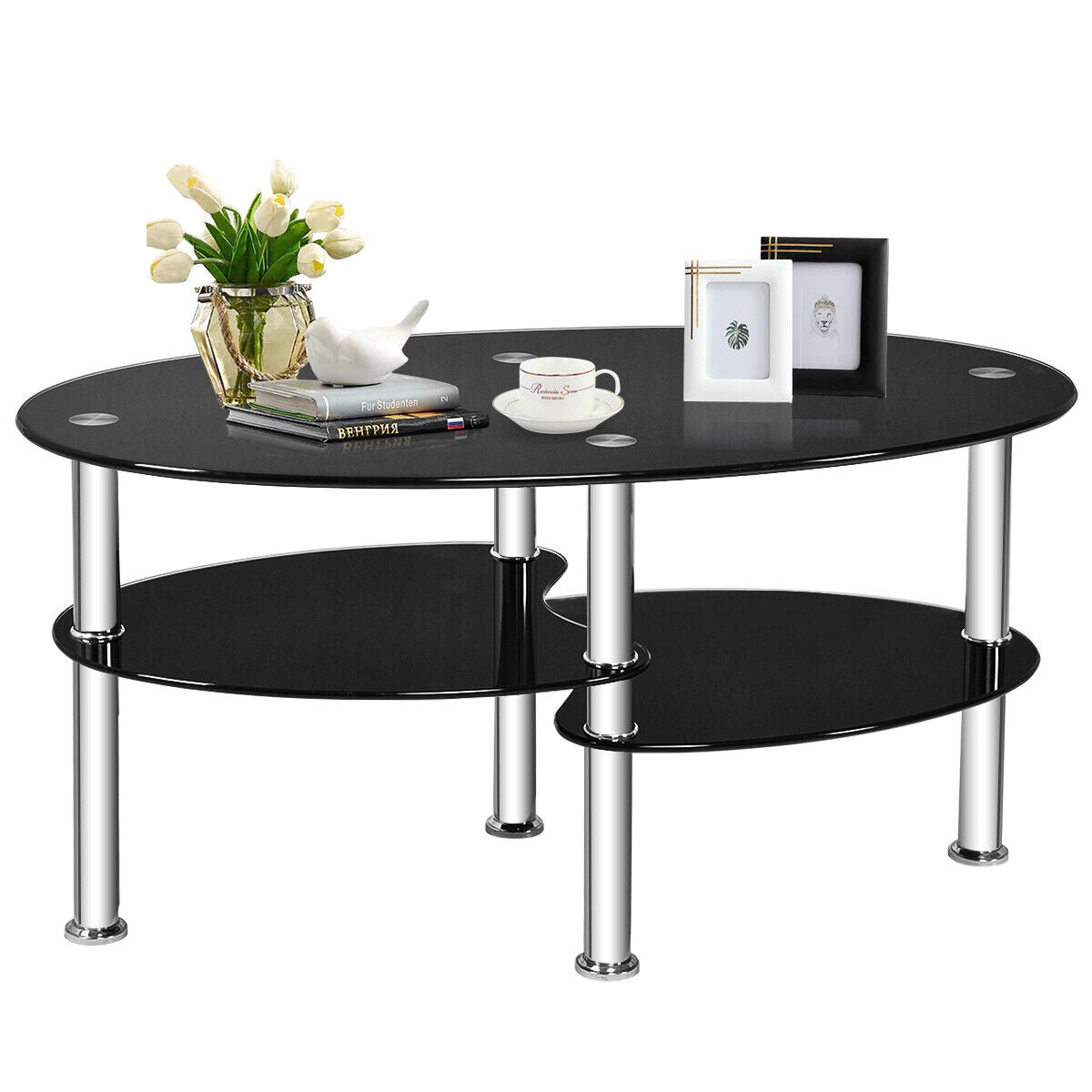 3-Tiers Tempered Glass Coffee Tables with 2 Shelves-Black