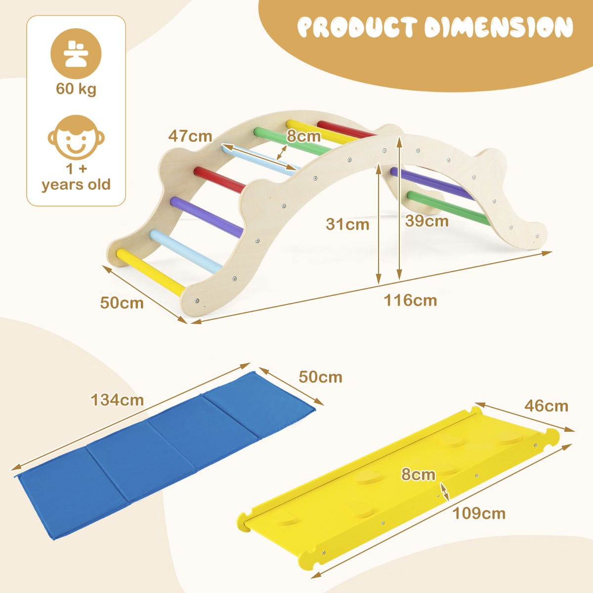 3-In-1 Wooden Climber with Ramp Toddler Climber Arch-Multicolor