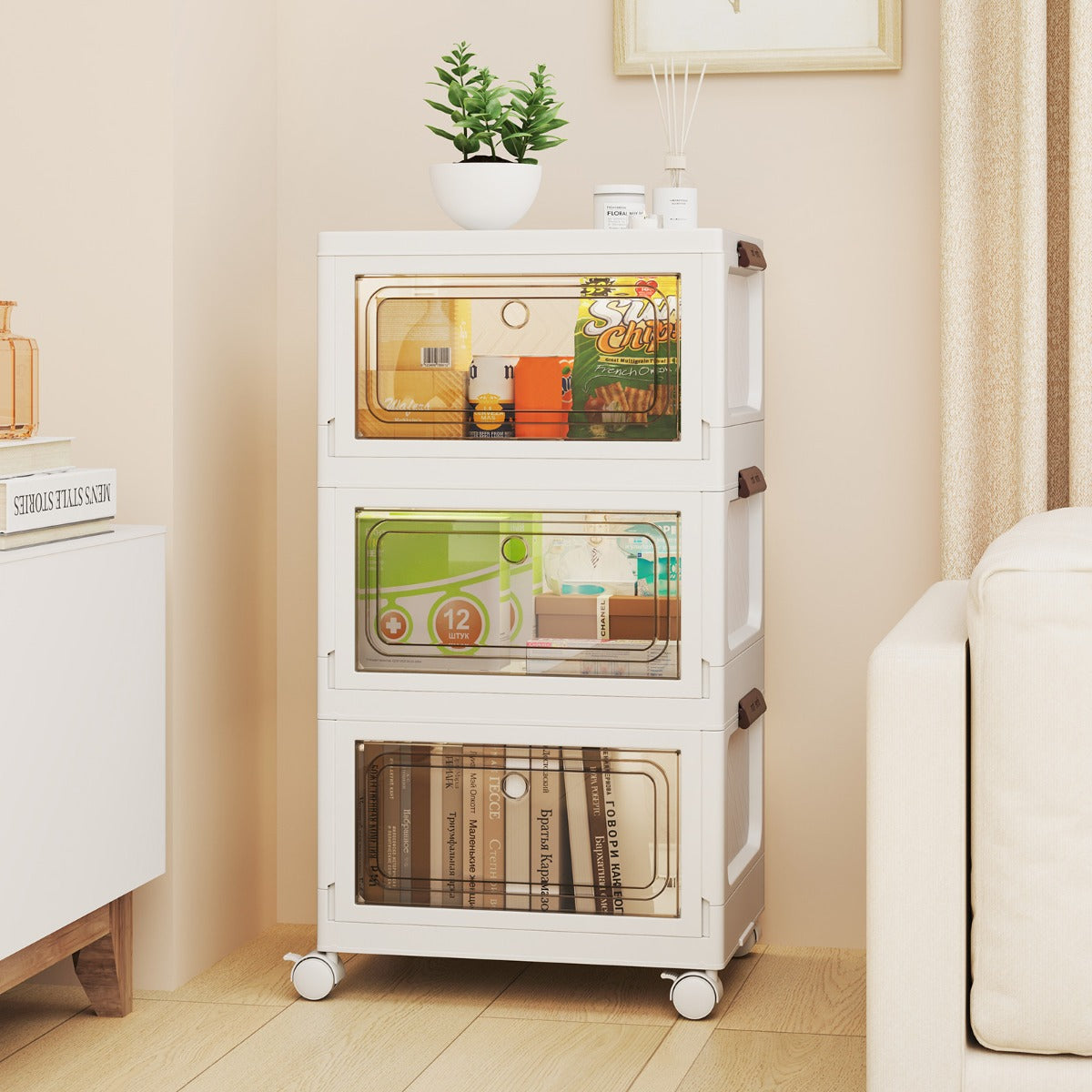 3-Pack Stackable Storage Bins with Lockable Wheels for Dorm Pantry Bedroom-White