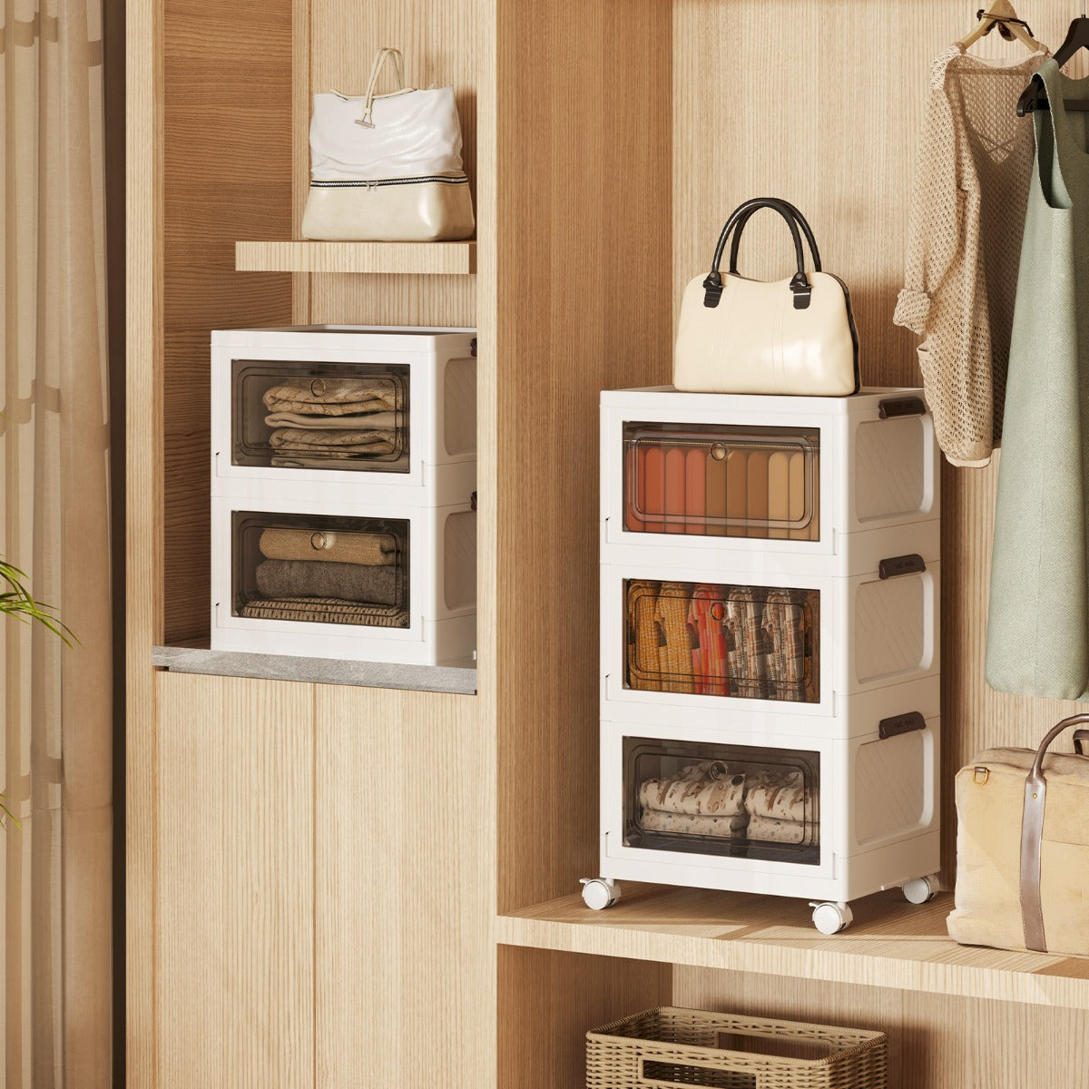 3-Pack Stackable Storage Bins with Lockable Wheels for Dorm Pantry Bedroom-White