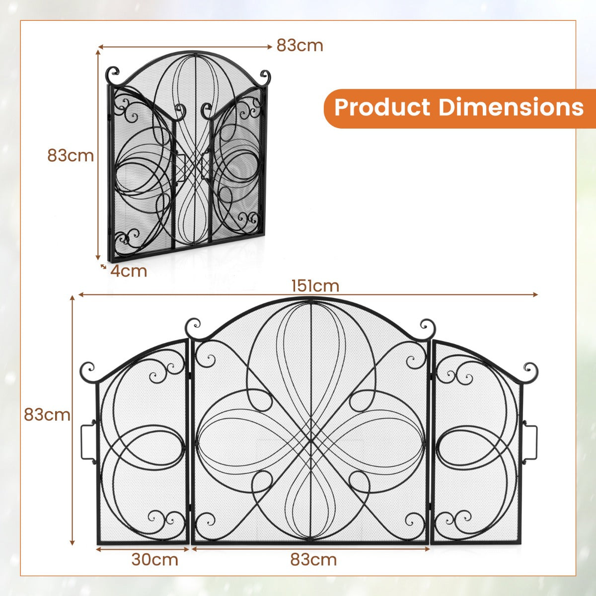 3-Panel Folding Spark Guard with Floral Pattern for Living Room