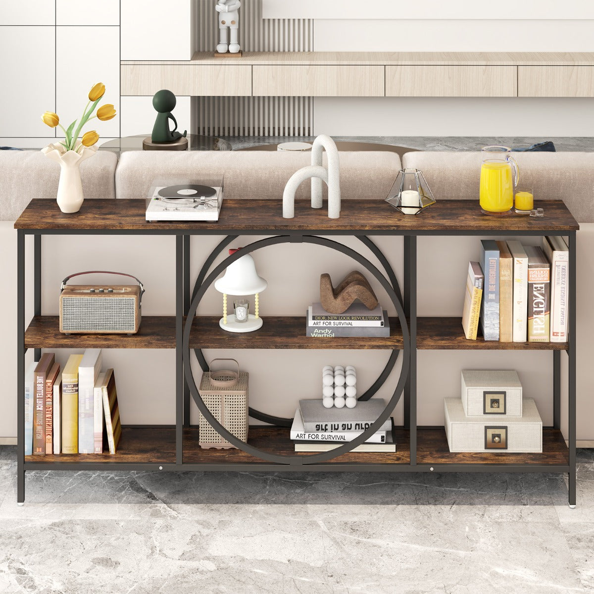 3-Tier Console Table with Faux Wood Grain Top-Rustic Brown