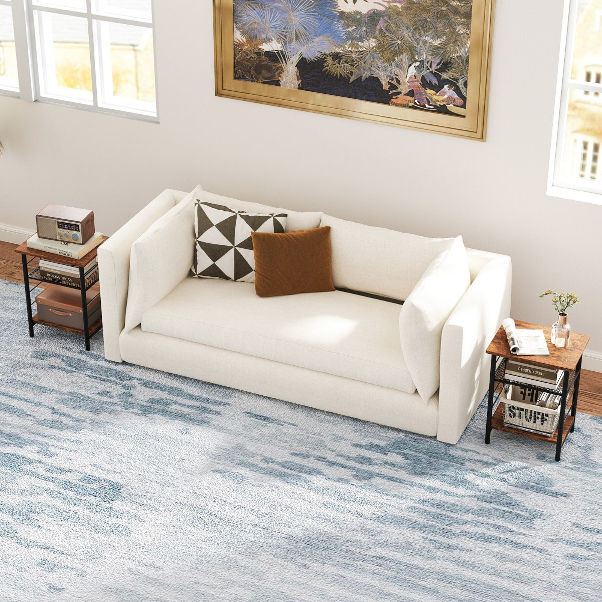 3-Tier Side Table with Height Adjustable Metal Mesh Shelf-Rustic Brown