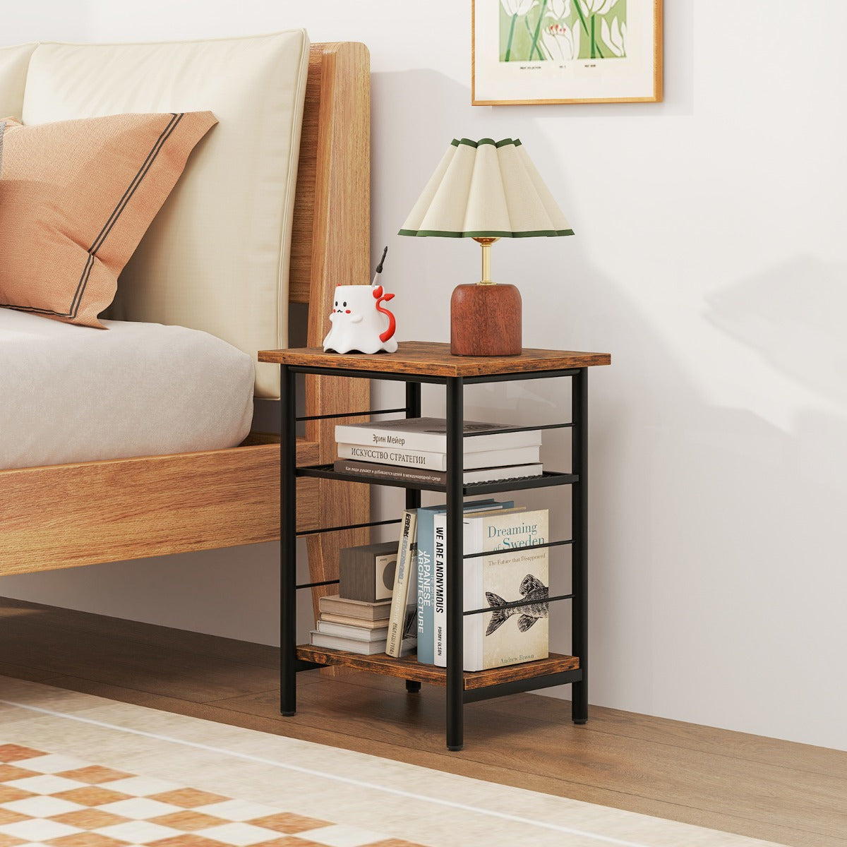 3-Tier Side Table with Height Adjustable Metal Mesh Shelf-Rustic Brown