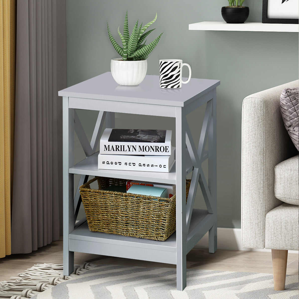 3-Tier Wooden Side table / Bedside Table -Grey
