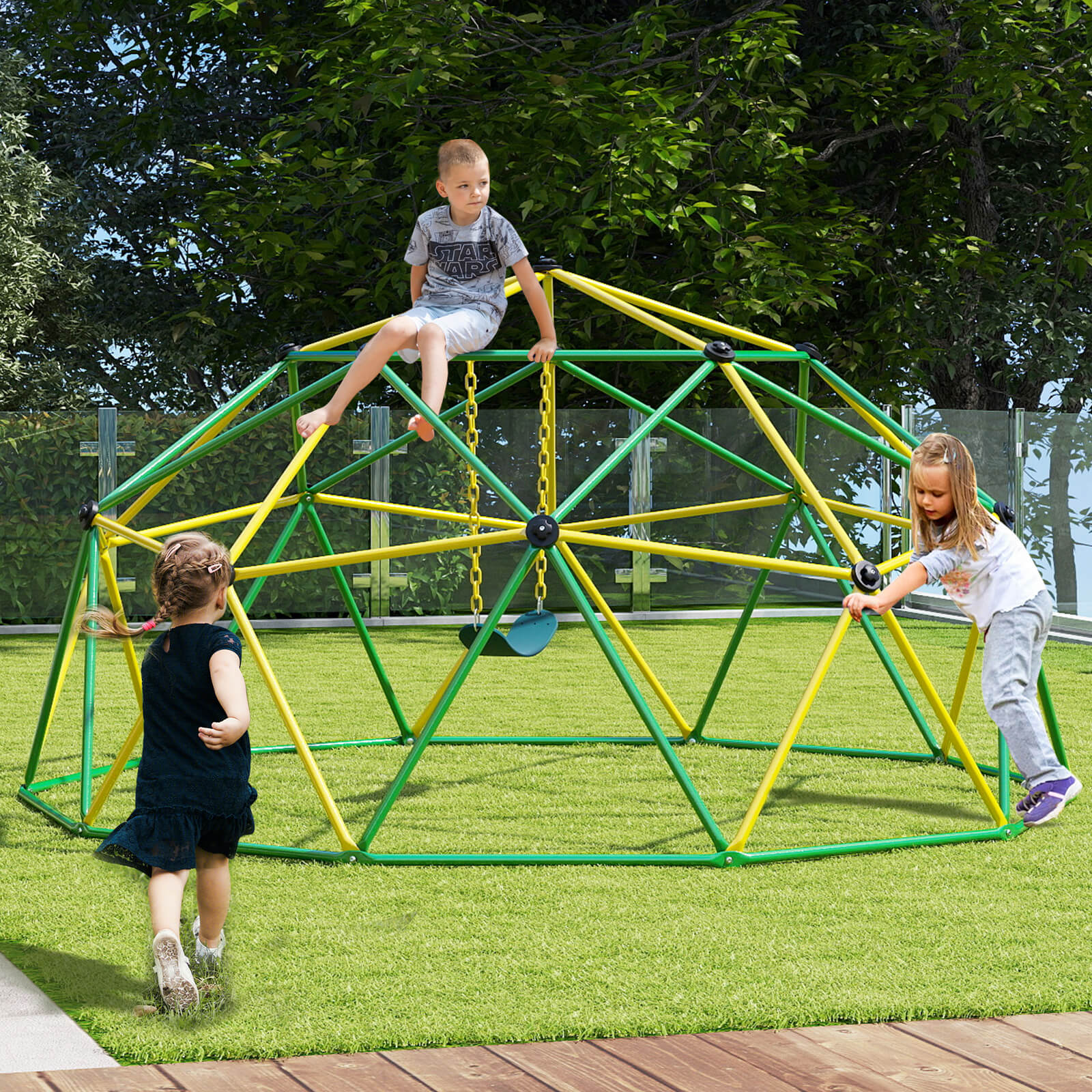 Kids Climbing Dome with Swing Jungle Gym Monkey Bar Playground Set-Green