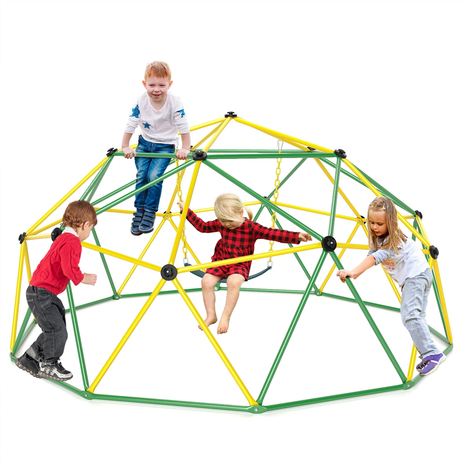 Kids Climbing Dome with Swing Jungle Gym Monkey Bar Playground Set-Green