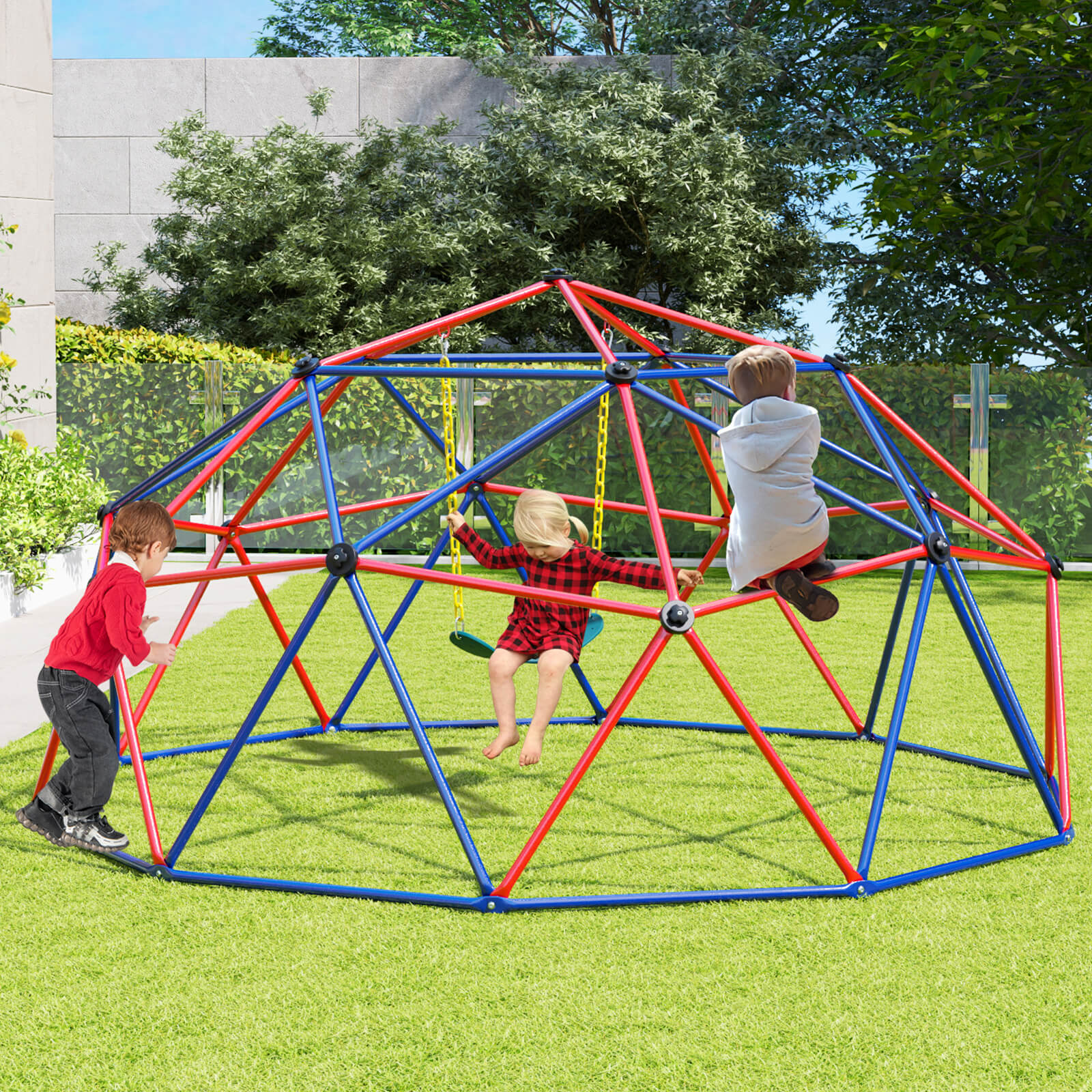 Kids Climbing Dome with Swing Jungle Gym Monkey Bar Playground Set-Red