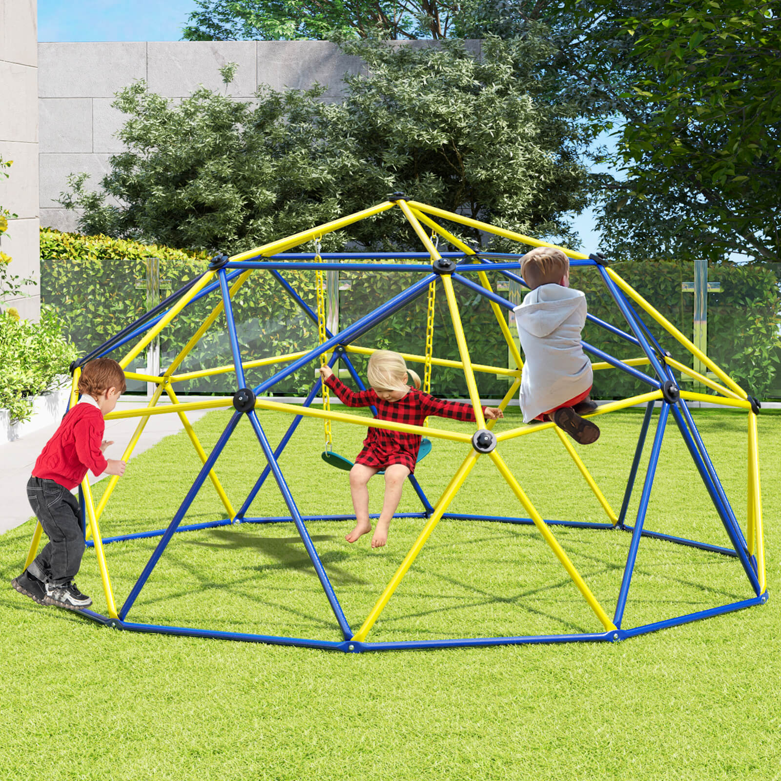 Kids Climbing Dome with Swing Jungle Gym Monkey Bar Playground Set-Yellow