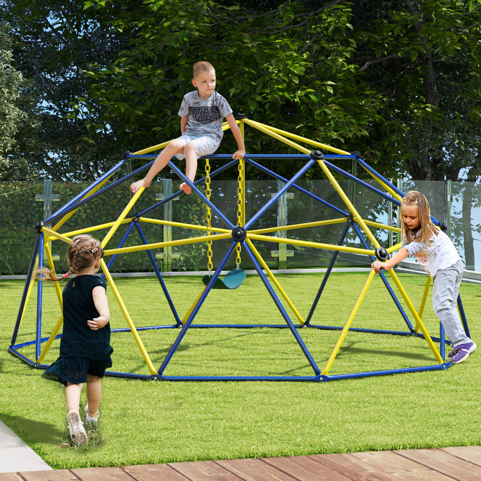 Kids Climbing Dome with Swing Jungle Gym Monkey Bar Playground Set-Yellow