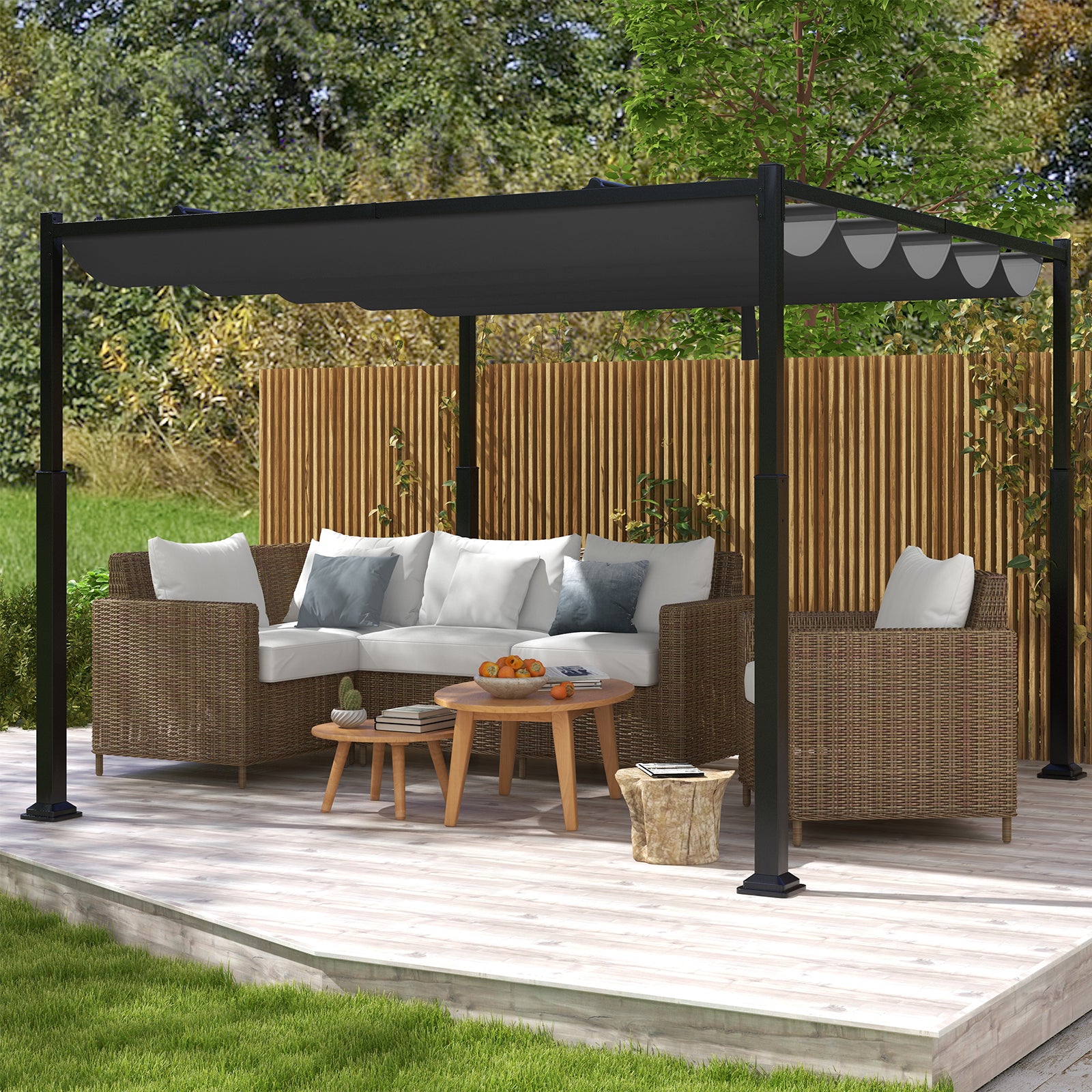 310 x 310 cm Outdoor Pergola with Retractable Canopy-Black and Grey