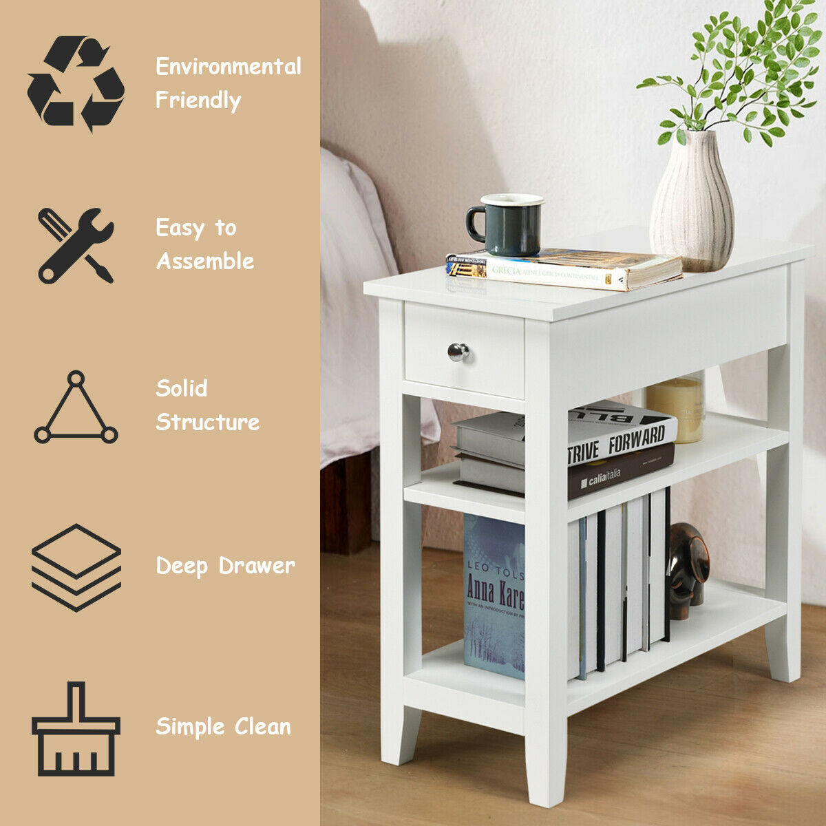 3-Tier End Table with Drawer-White