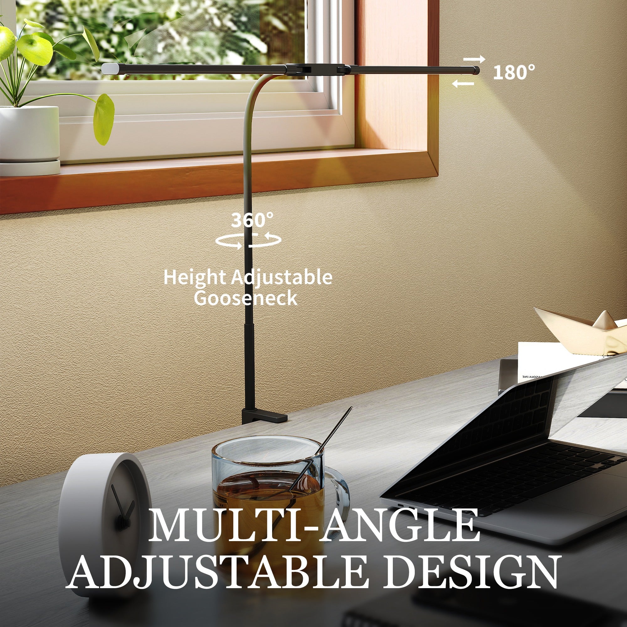 HOMCOM LED Desk Lamp with Clamp, Double Head Table Lamp with 3 Colour Modes & 10 Brightness Levels, Flexible Gooseneck Reading Desk Light with Timer and Memory Function for Study, Office, Work, Black