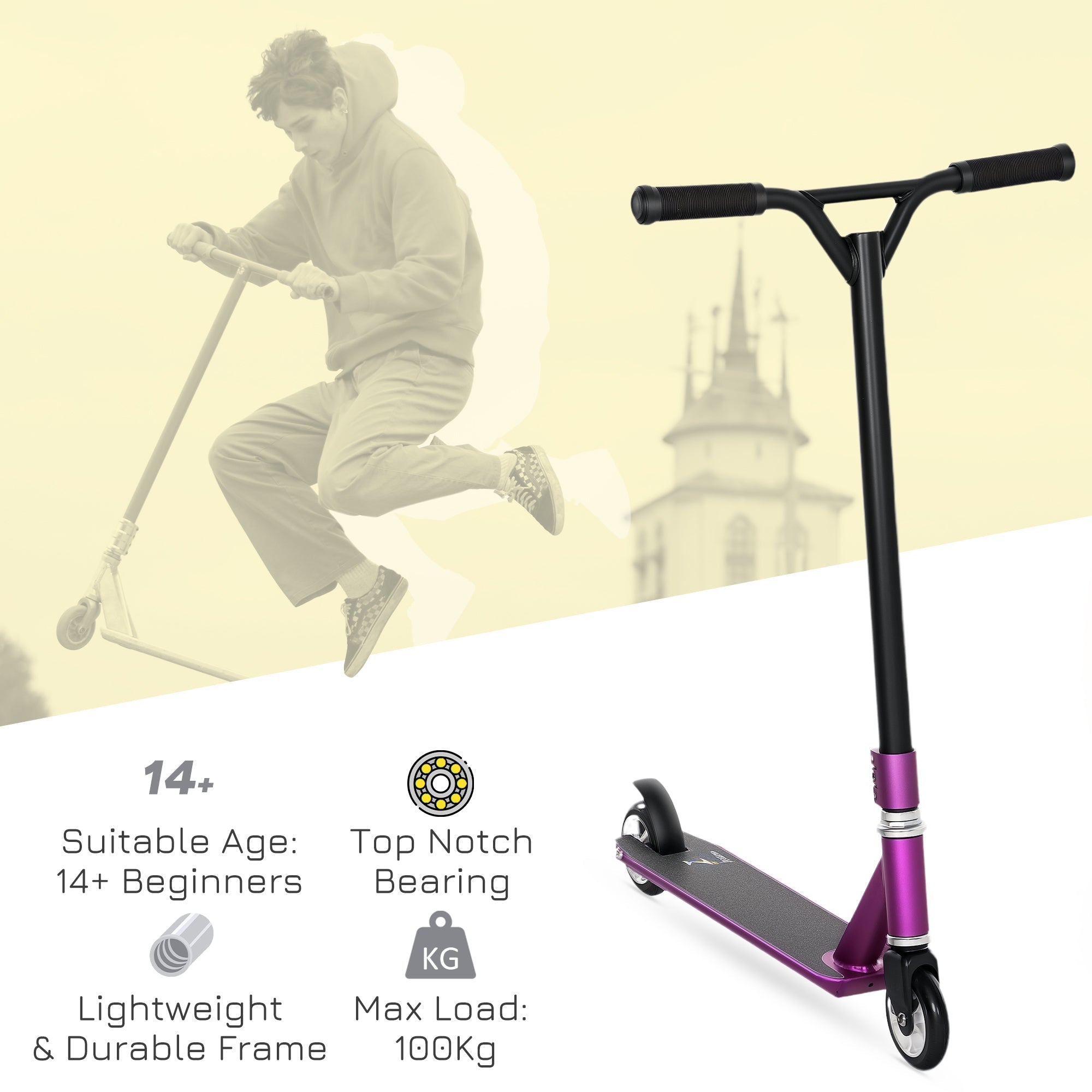 HOMCOM Stunt Scooter, 360√Ç¬∞ Entry Level Tricks Scooter w/ Lightweight Aluminium Deck and ABEC 7 Bearing, For Age 14+ Beginners, Purple